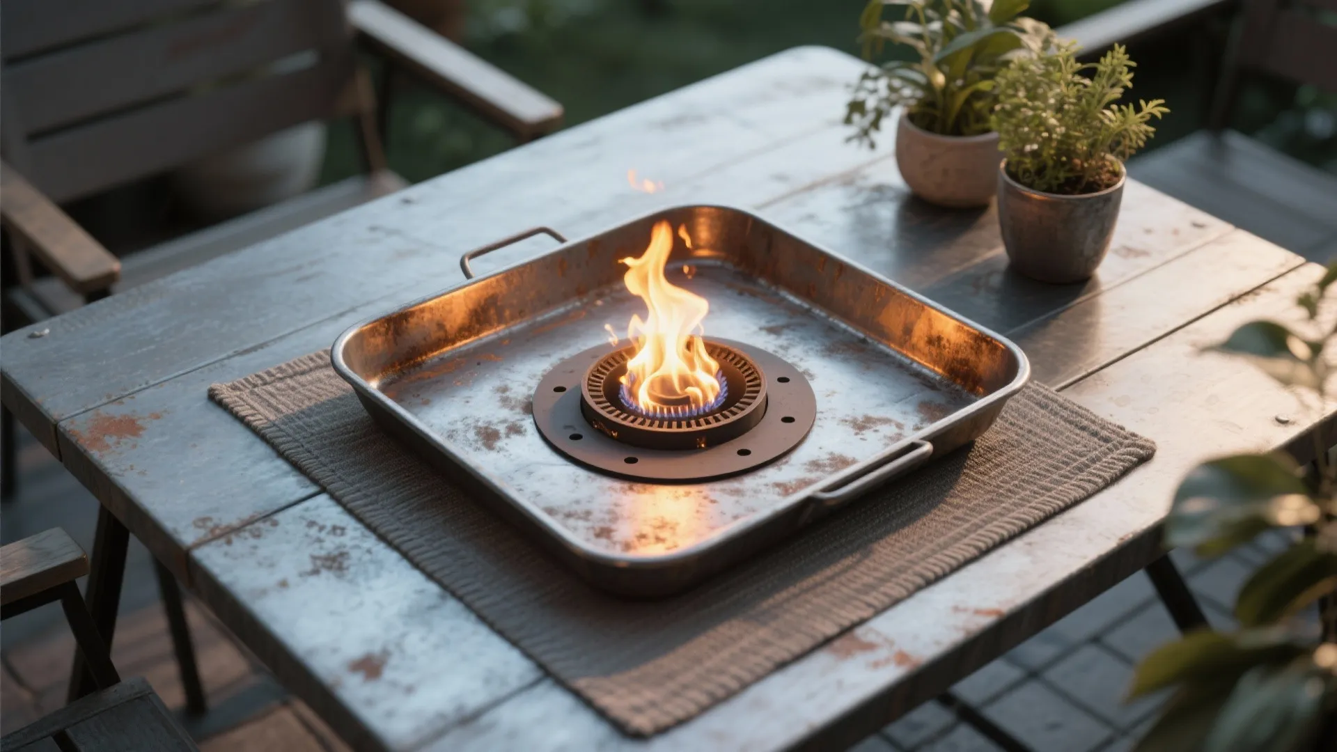 Portable metal tray fire pit with a small flame placed on an outdoor wooden dining table