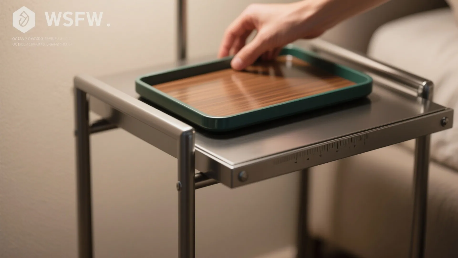 A hand placing a green wooden tray on a modern metal side table in bedroom
