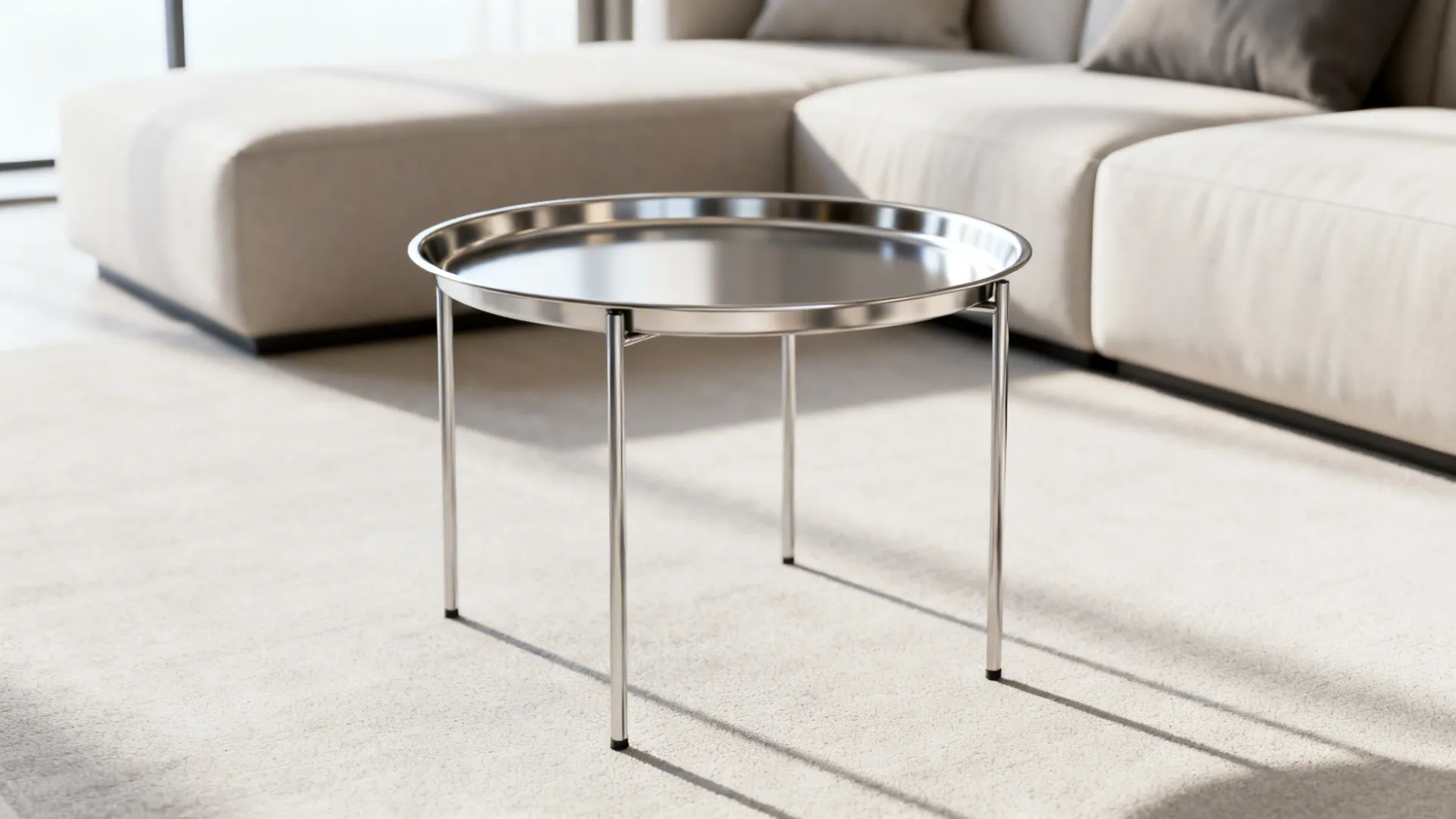 Lightweight metal tray-top round table in a small living room, removable tray and thin legs visible