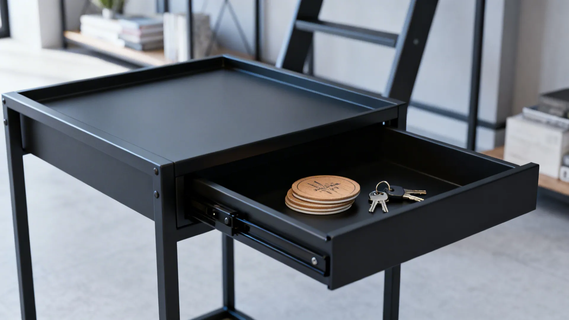 Black metal side table with an open drawer containing house keys and wooden drink coasters