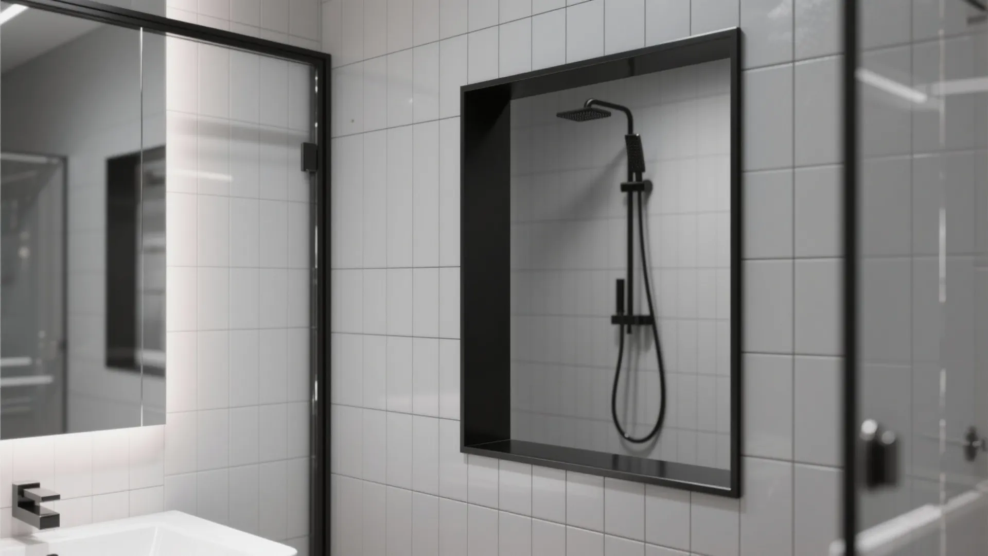 Modern bathroom with white square wall tiles and a black shower fixture inside a niche