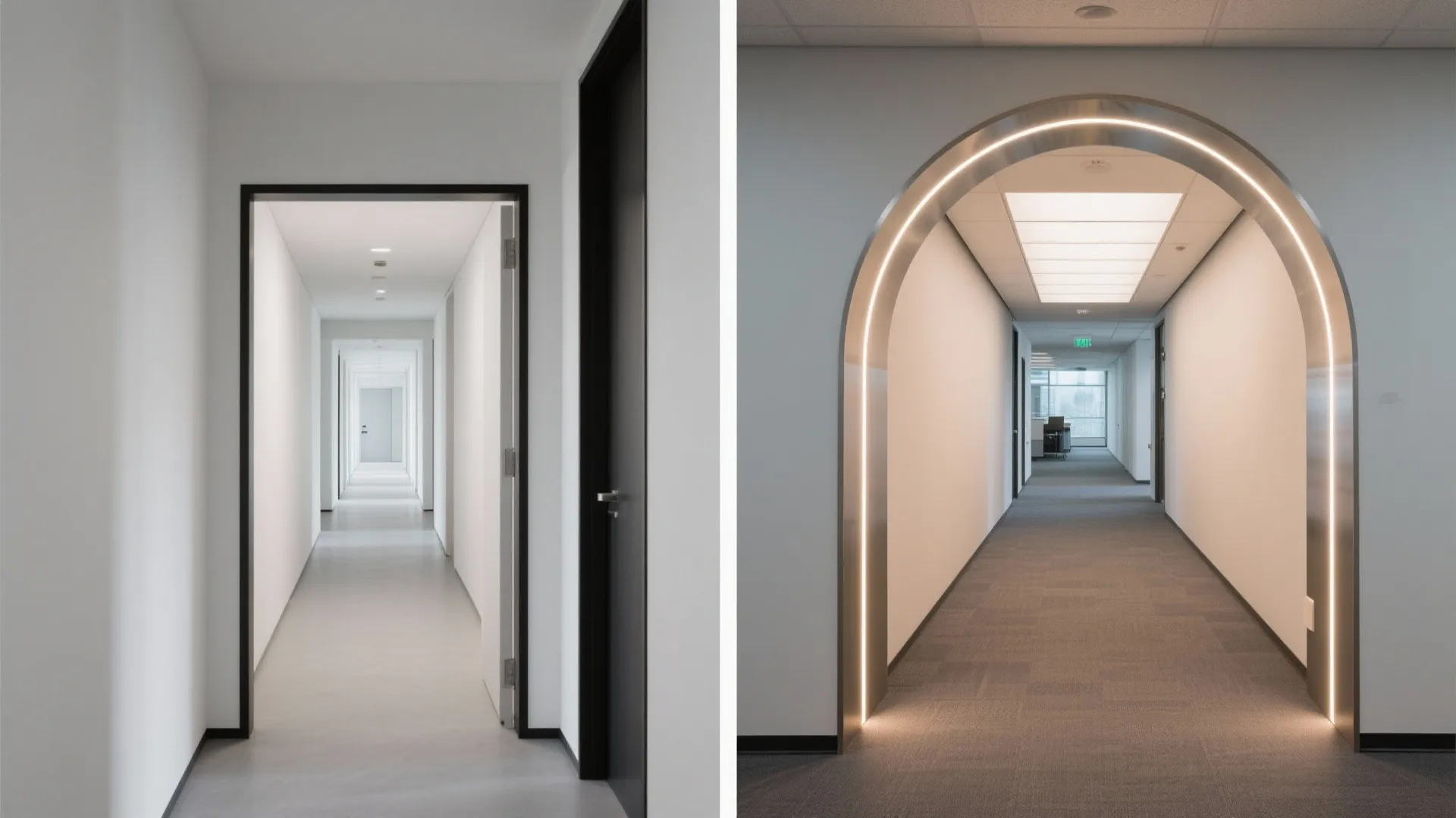 Before and after comparison of plain hallway versus modern hallway with lighted metal wall arch
