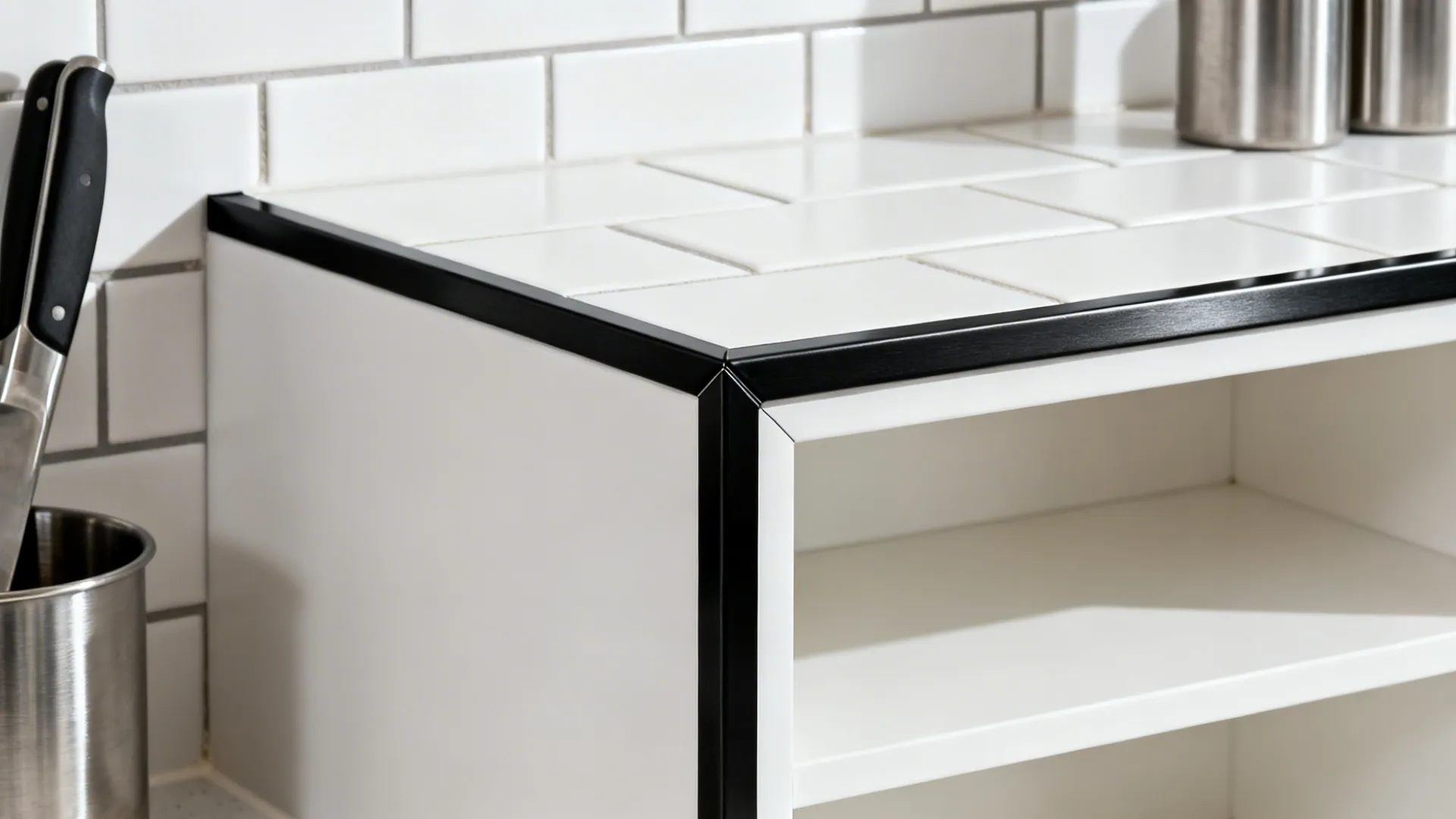 Macro of black metal trim finishing white tile and shelf edge with precise mitered corner.