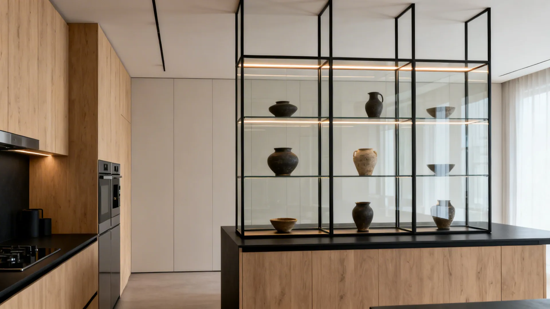 Slim black metal-framed vitrine with clear glass displays pottery above a modern peninsula.
