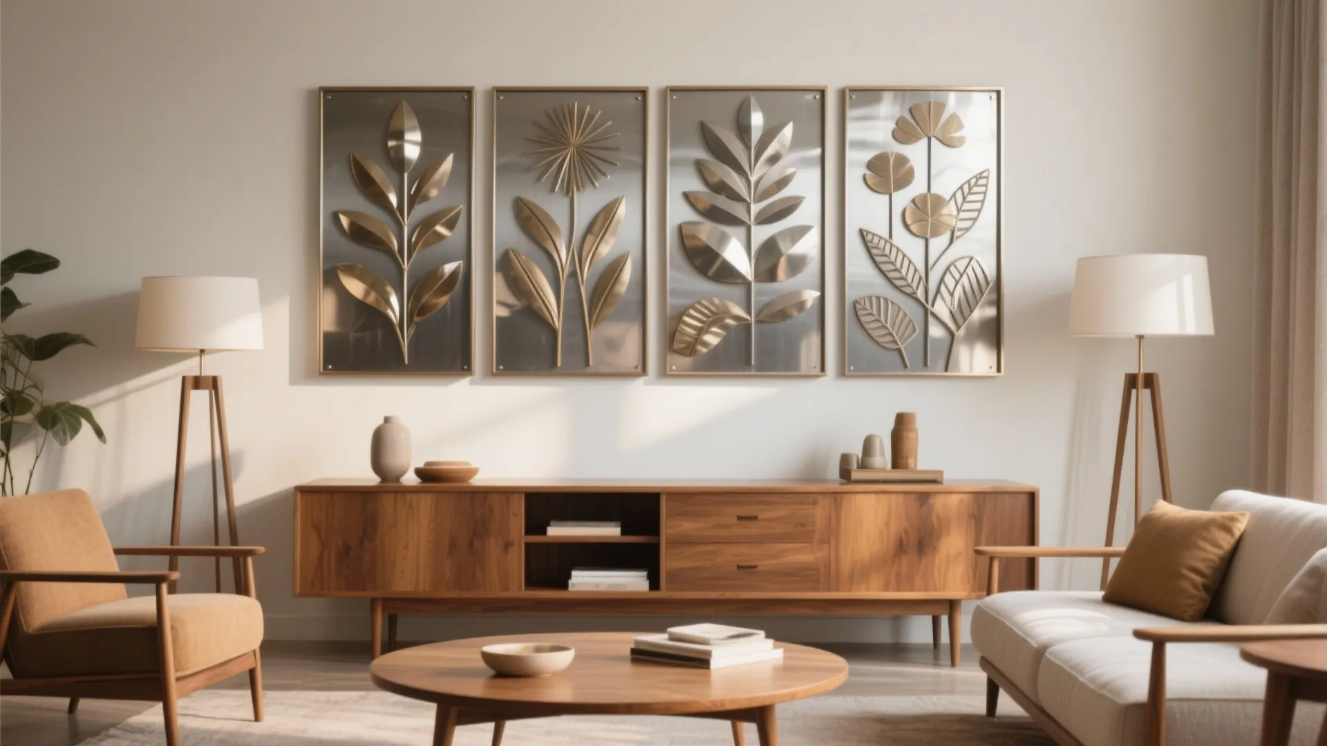 Botanical and geometric metal wall art in modern living room