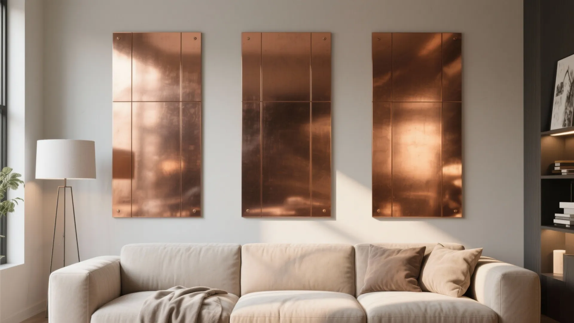 Copper-toned metal panels on a modern living room wall
