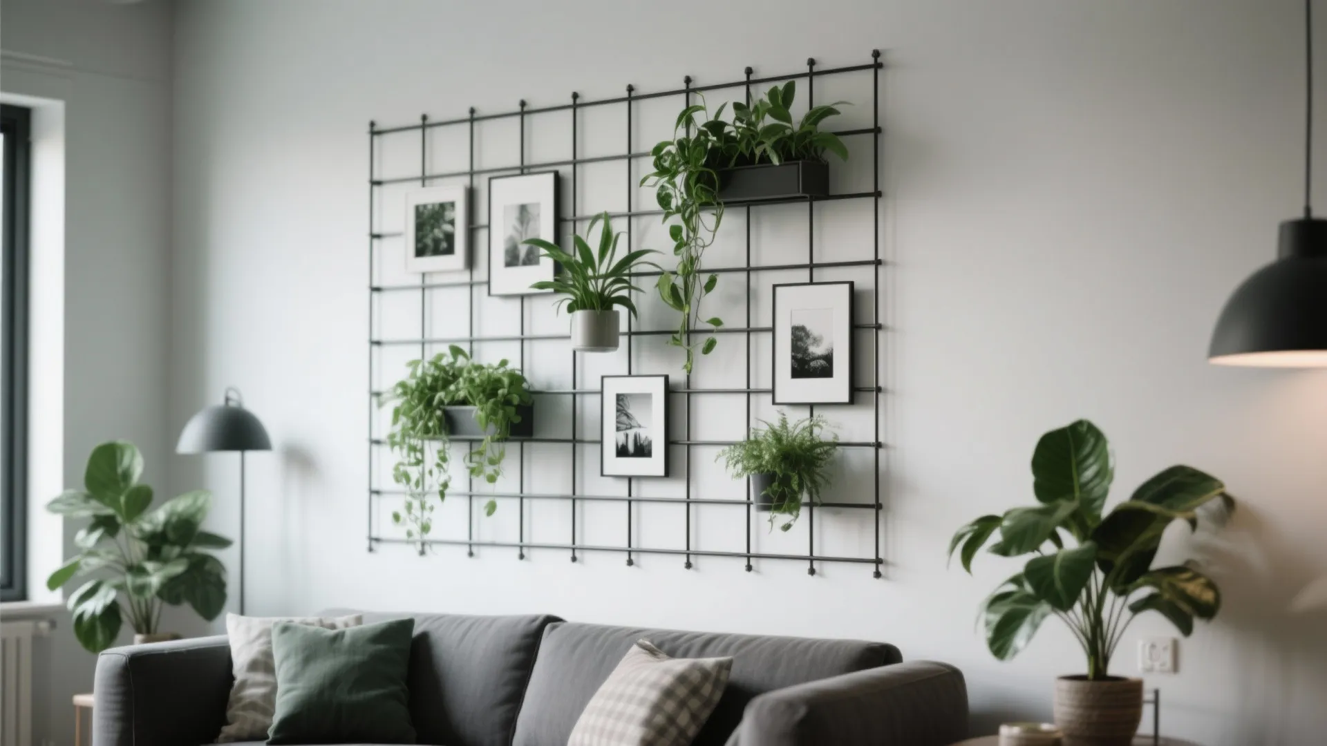 Black metal wall grid holding small green plants and framed pictures above a grey modern sofa