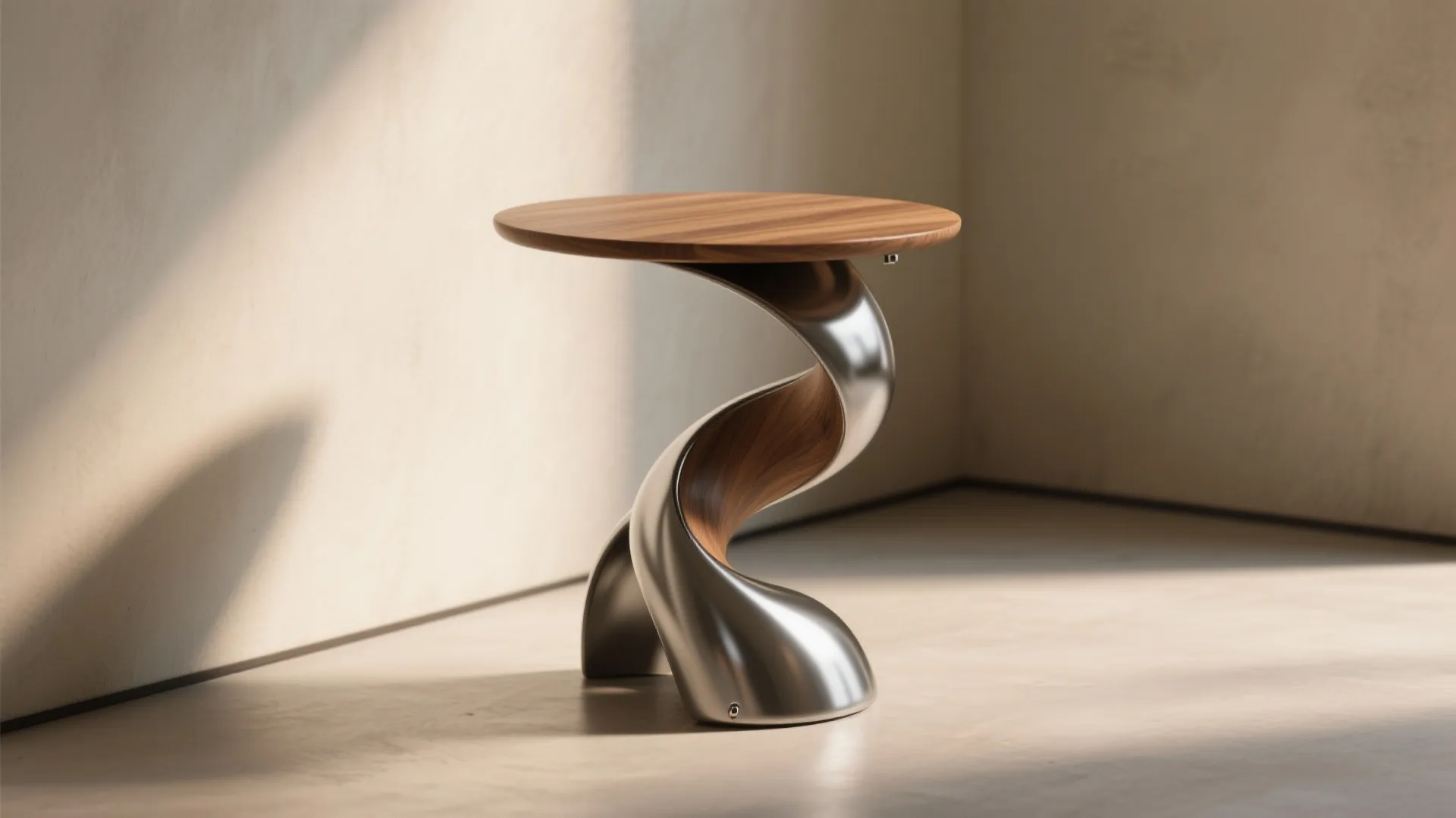 Modern side table with round wooden top and curved metal base in a minimalist room