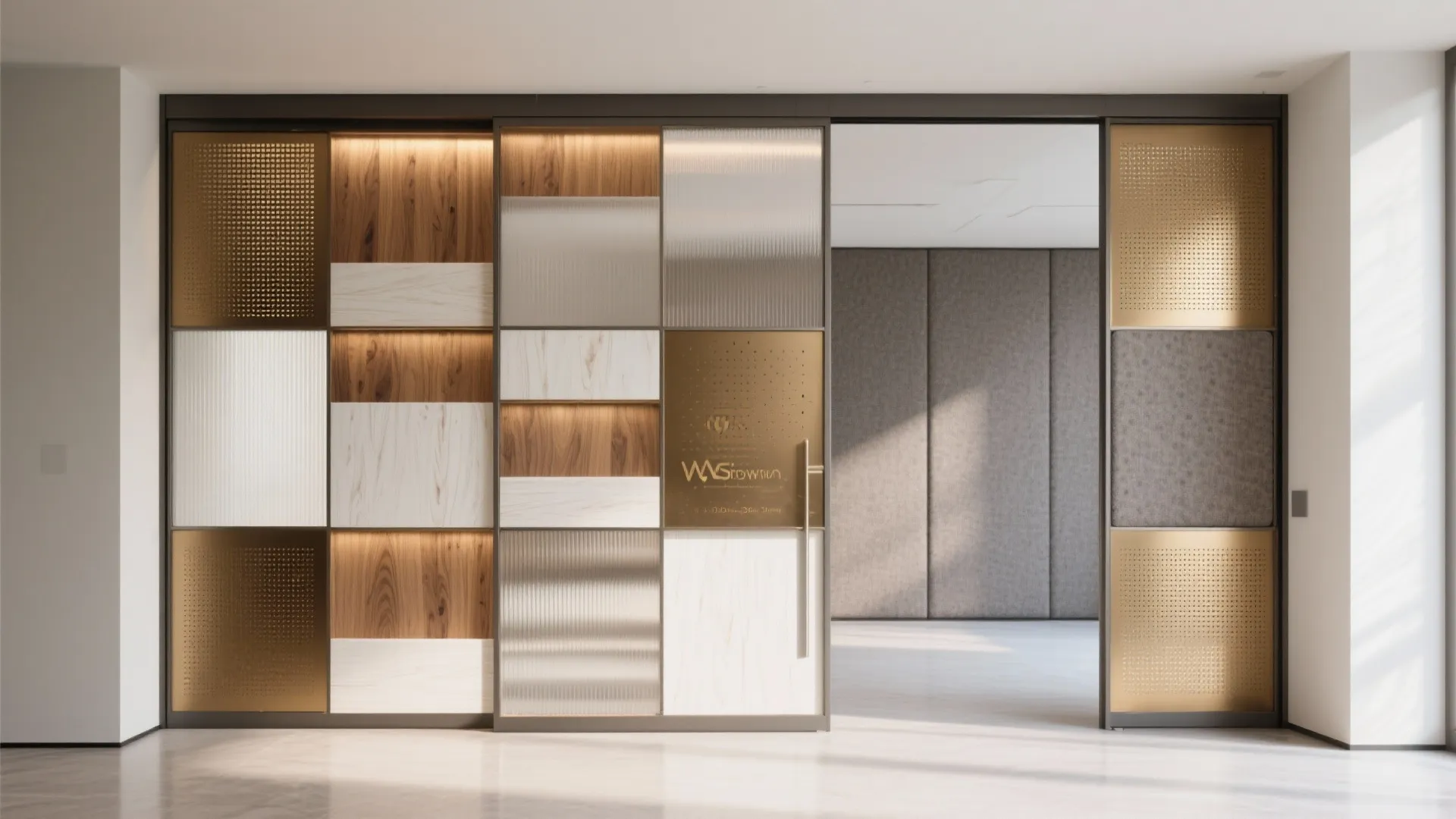 Metal frame plus wood and perforated brass hall partition, modern loft vibe with warm graphite finish and white oak.