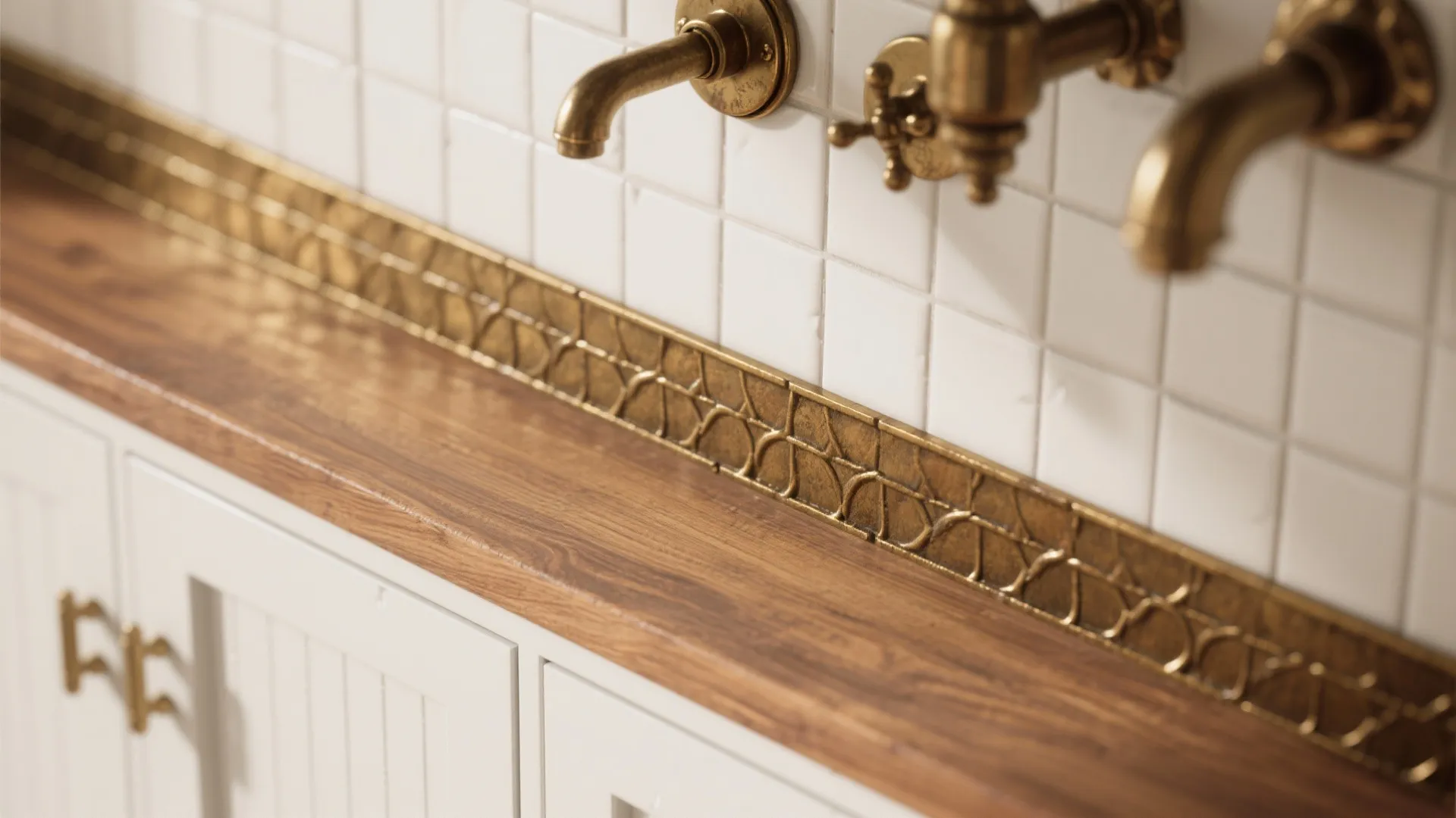 Close up of wooden countertop with decorative gold metal trim and vintage style brass faucets