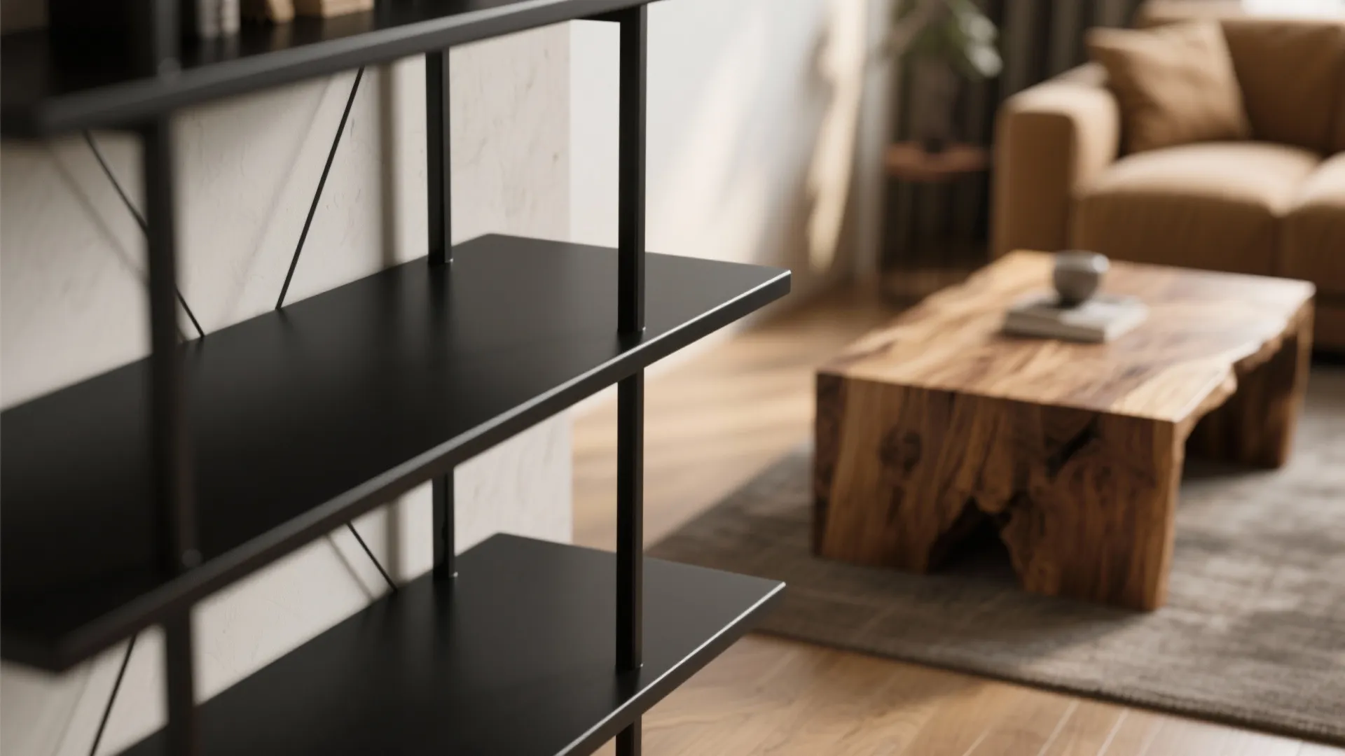 Detail of matte black metal shelf with raw oak coffee table