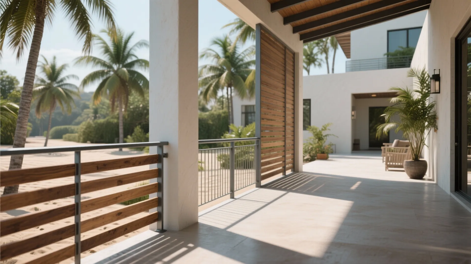 Porch with painted metal railings and stained wood slats creating a modern tropical mix.