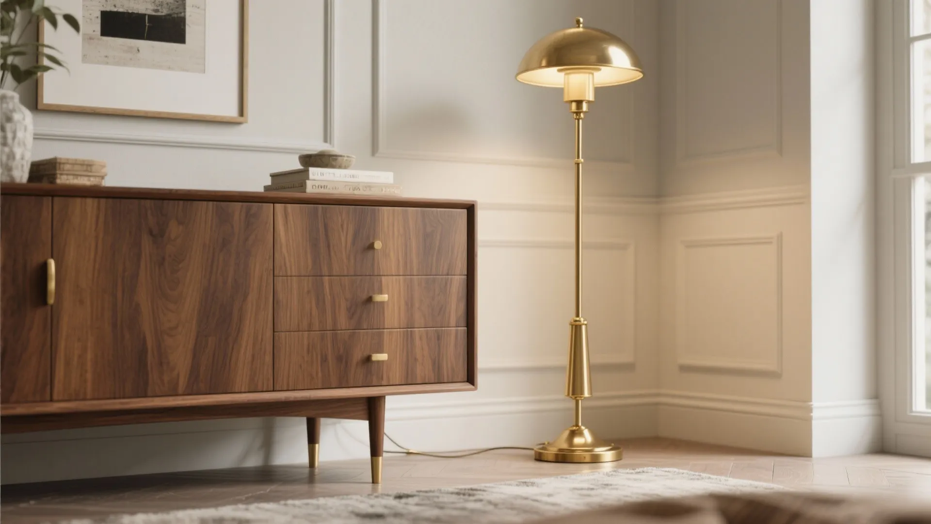 4. Bring in metallic accents and warm wood