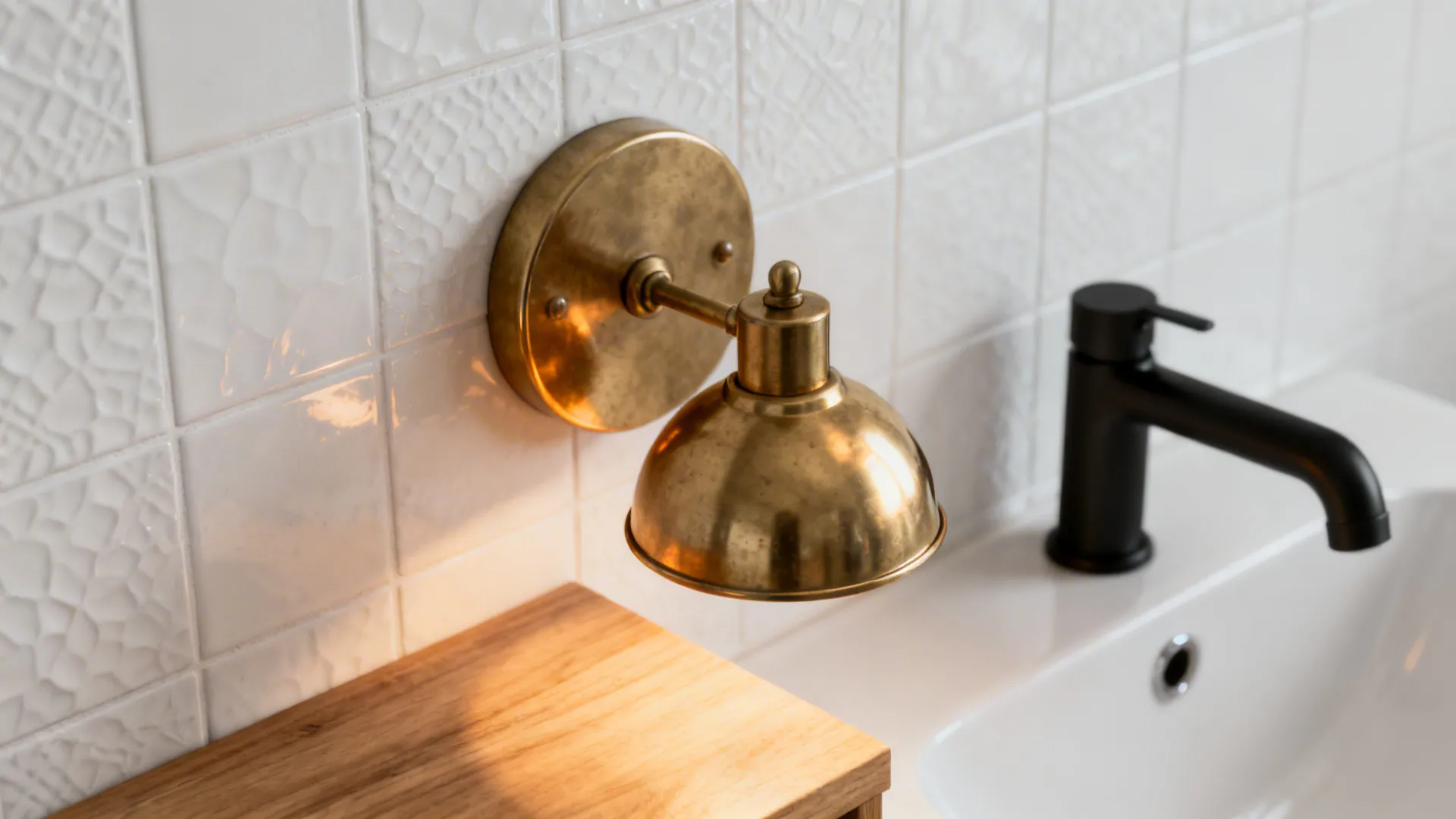 Gold wall light on white tiled wall above wooden shelf bathroom sink with black faucet