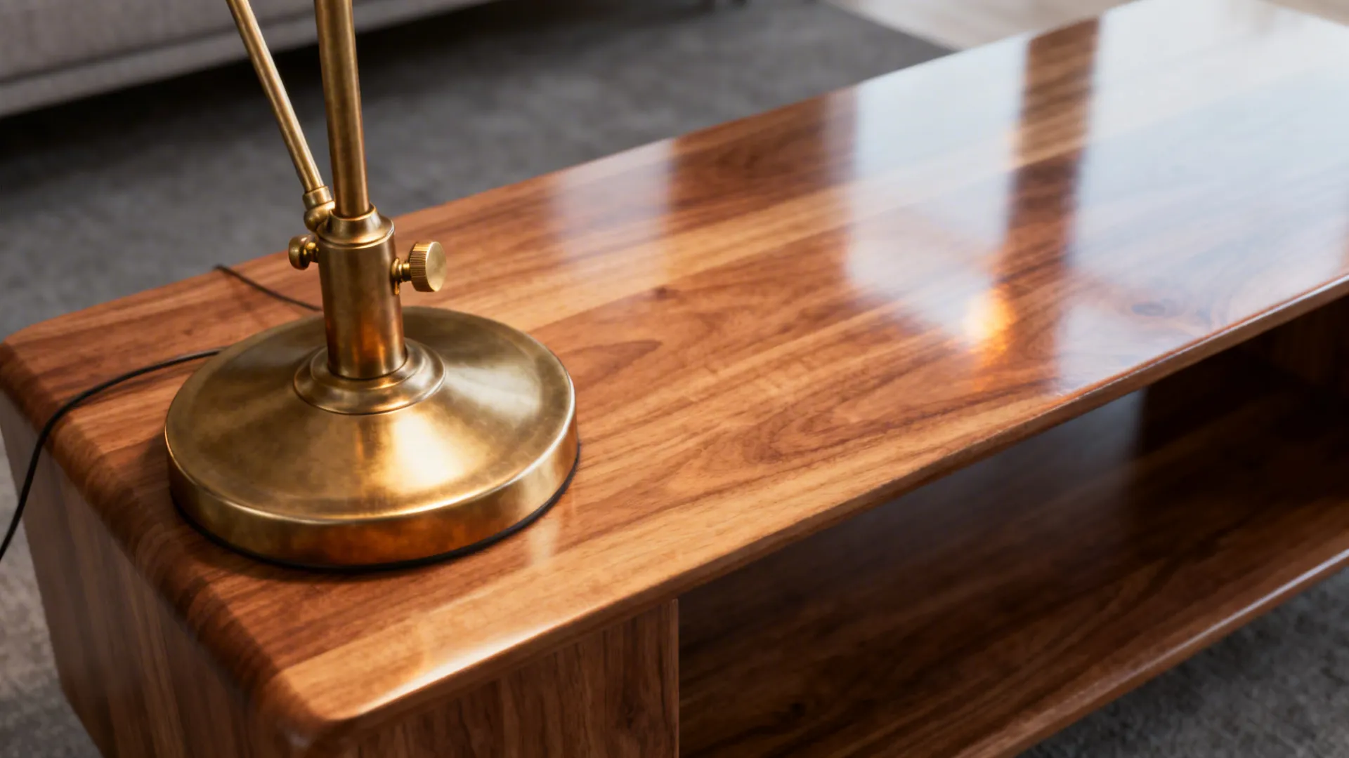 Close up of gold table lamp base sitting on a polished dark wood coffee table surface