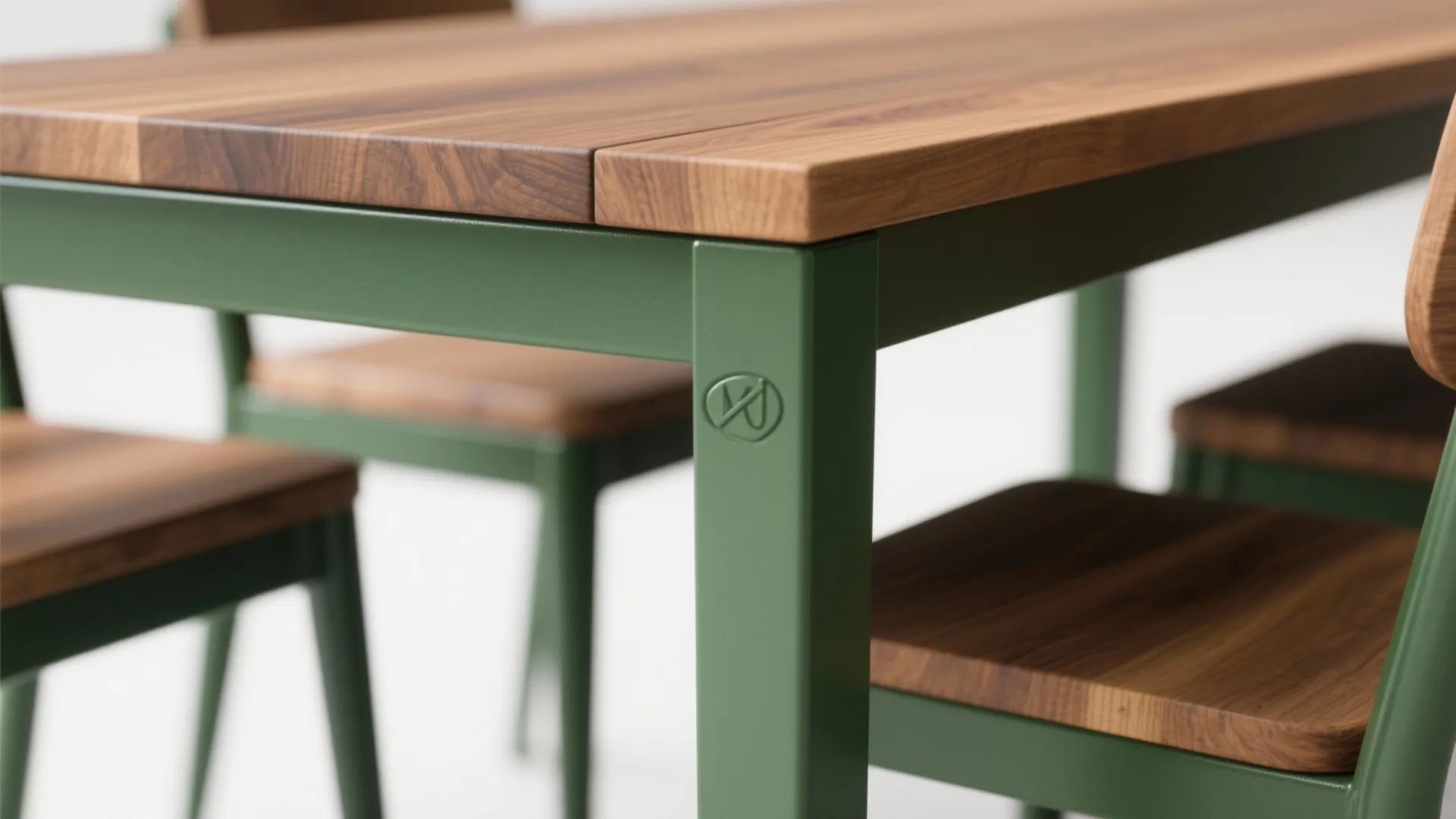 Close-up of green metal frame and wooden tabletop joinery with textured grain