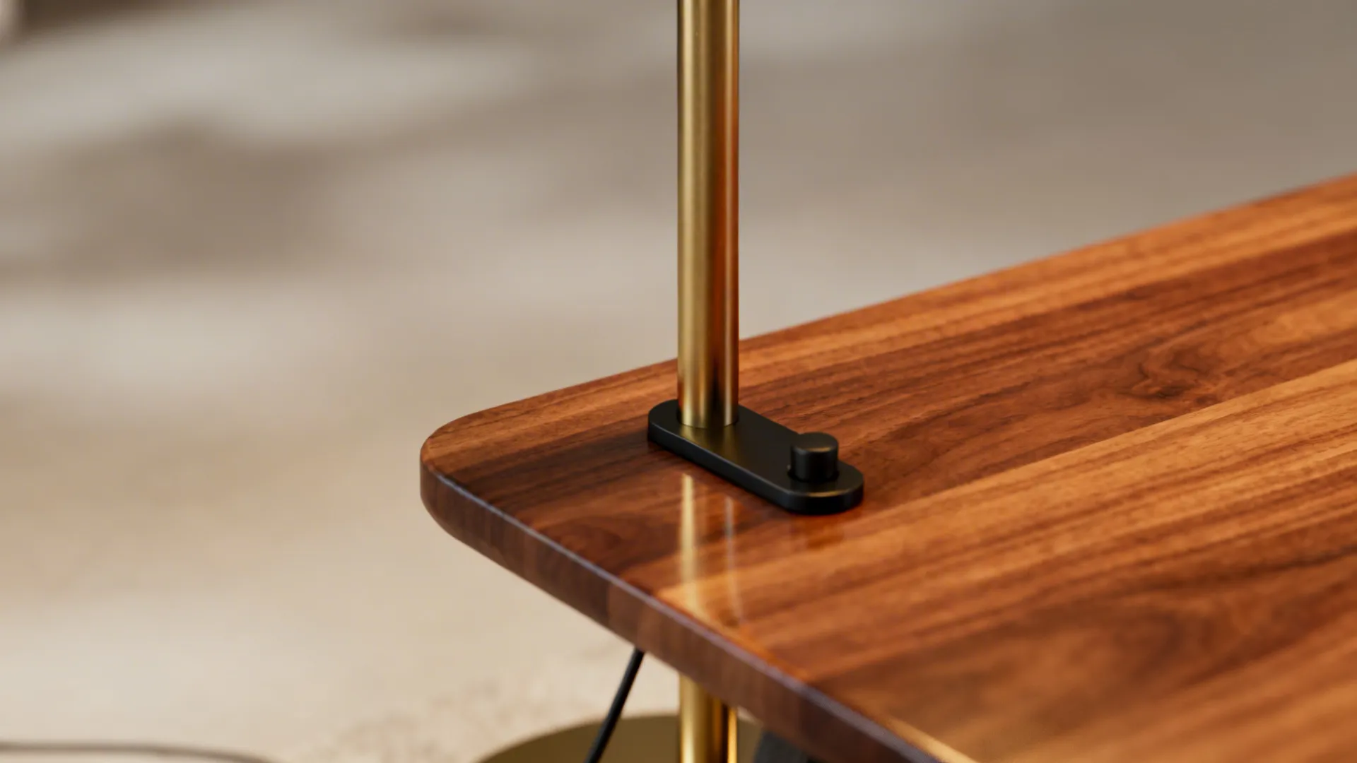 Brass floor lamp and walnut coffee table highlighting warm metallic and wood tones