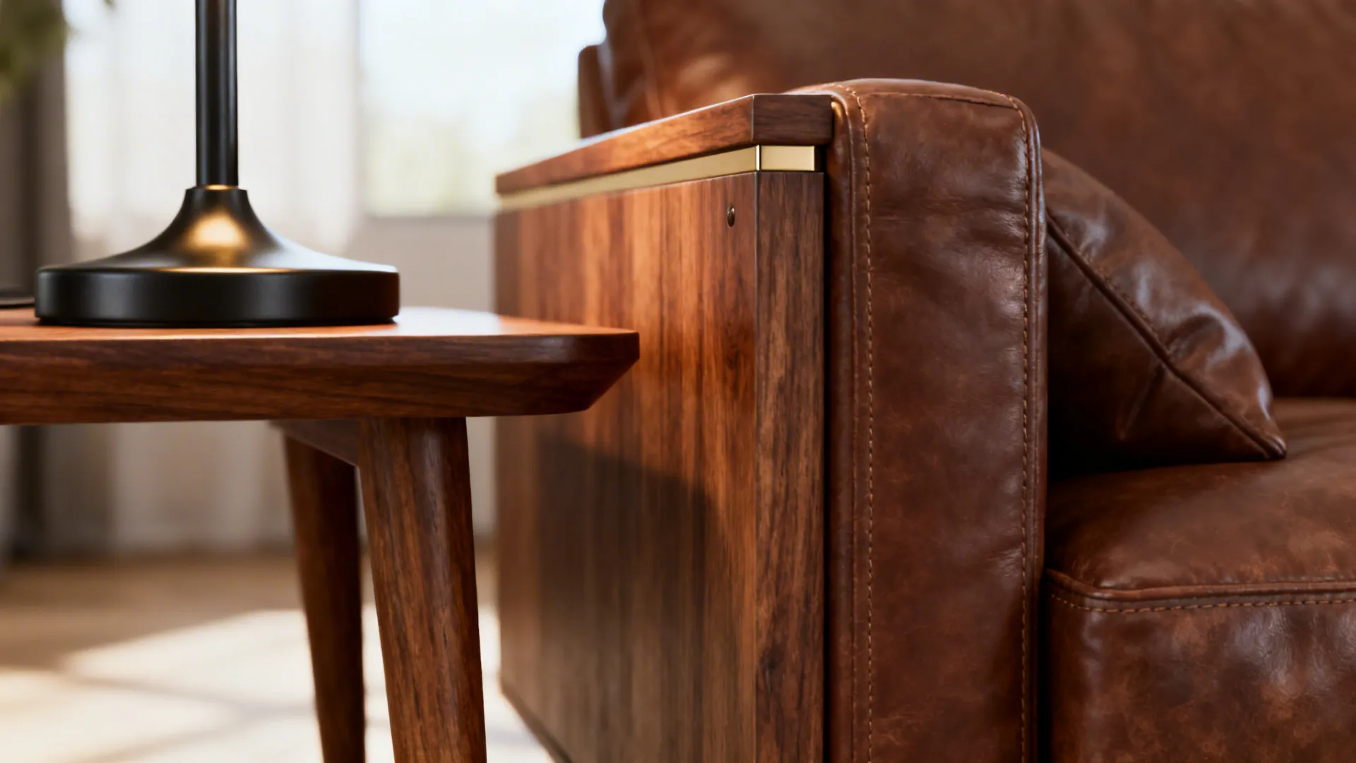 Close-up of matte black metal lamp, wood furniture and brown leather texture.