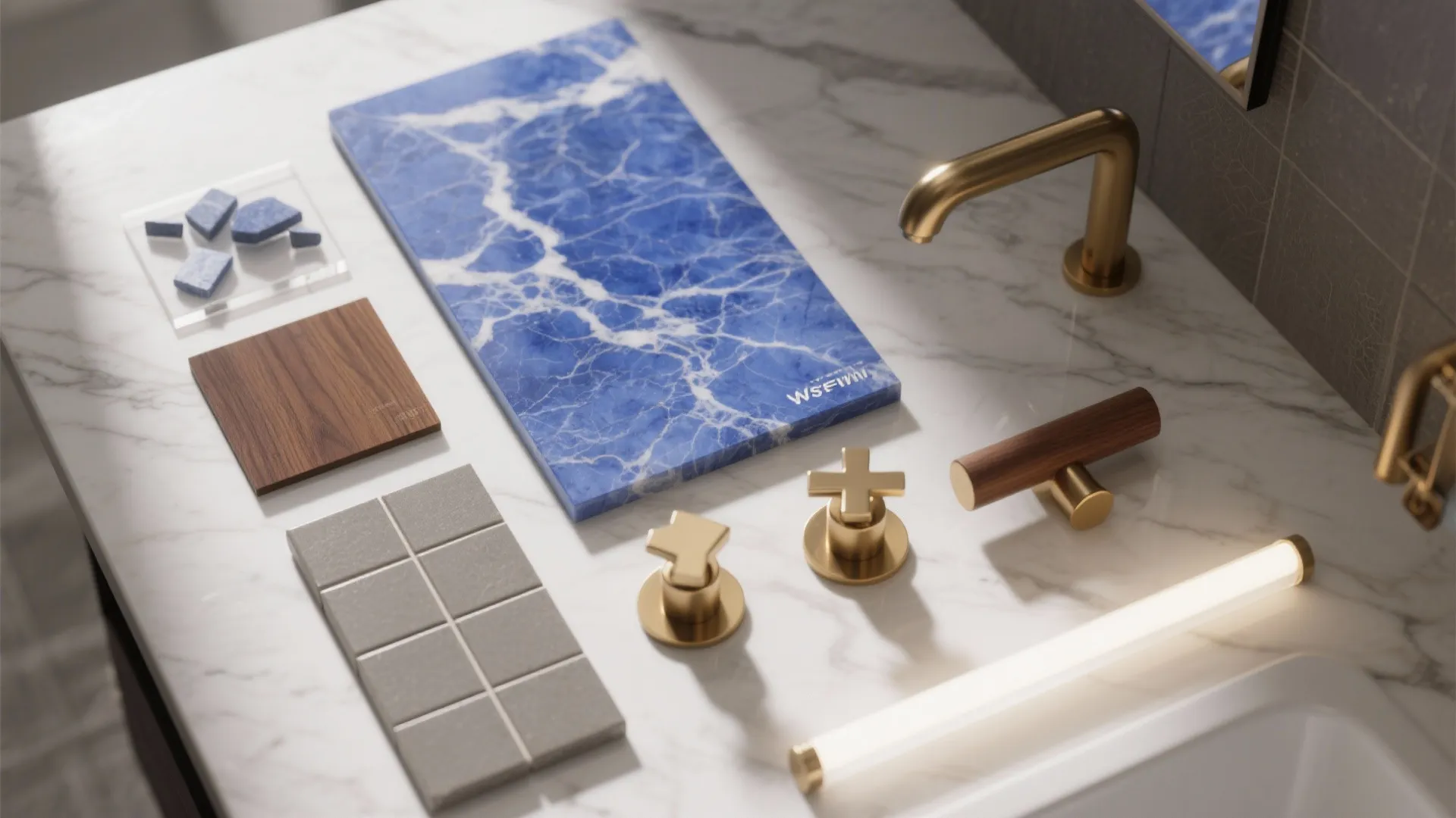 Interior design materials including blue marble wood sample gray tile gold faucet and light fixture