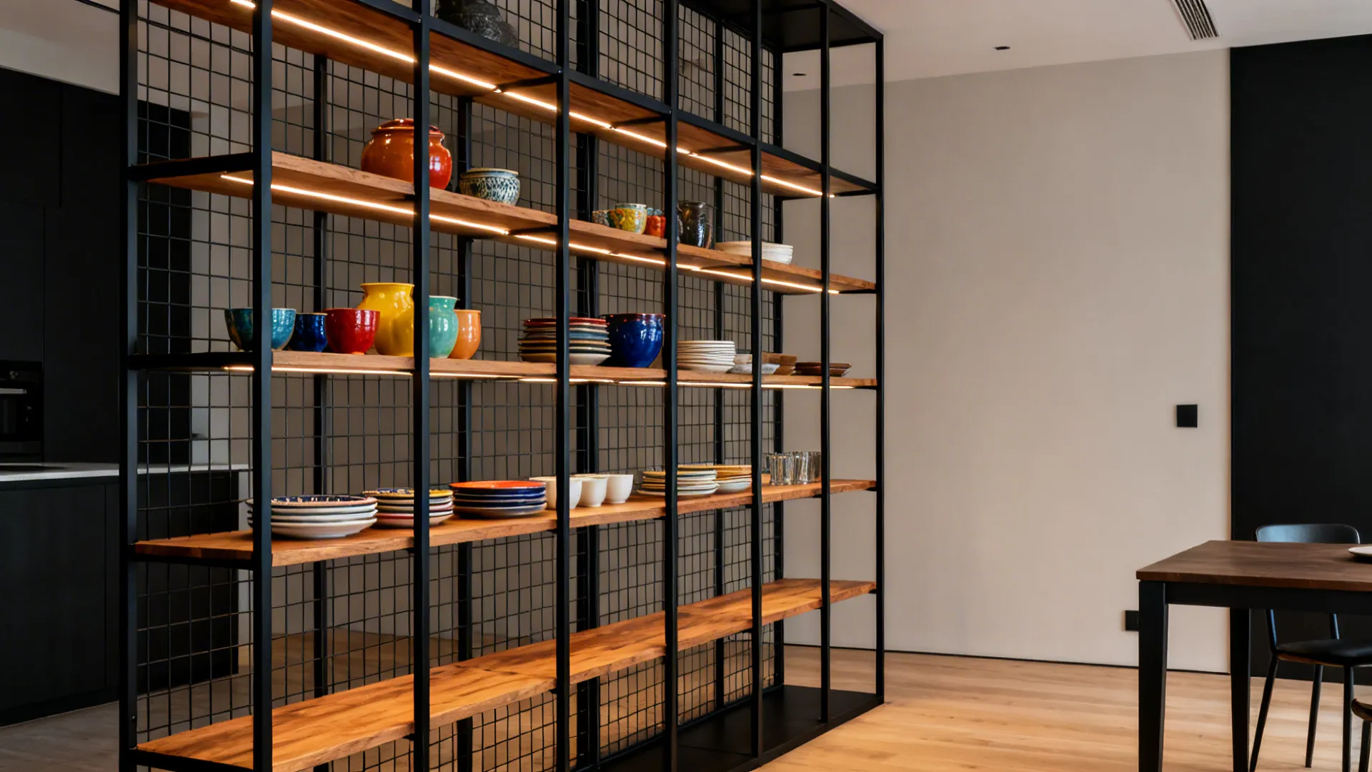 Modern black metal and wood shelving unit with built in lighting holding colorful kitchen plates