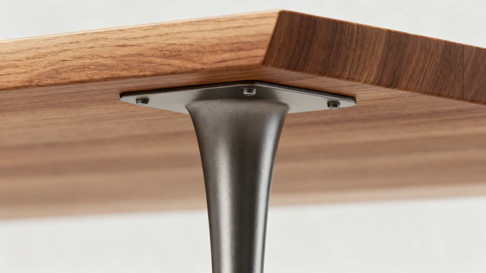 Close up of a silver metal table leg attached to a thick wooden table top