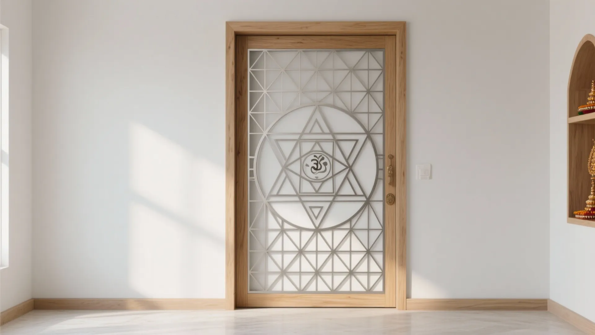 Metal-and-wood lattice with sacred geometry