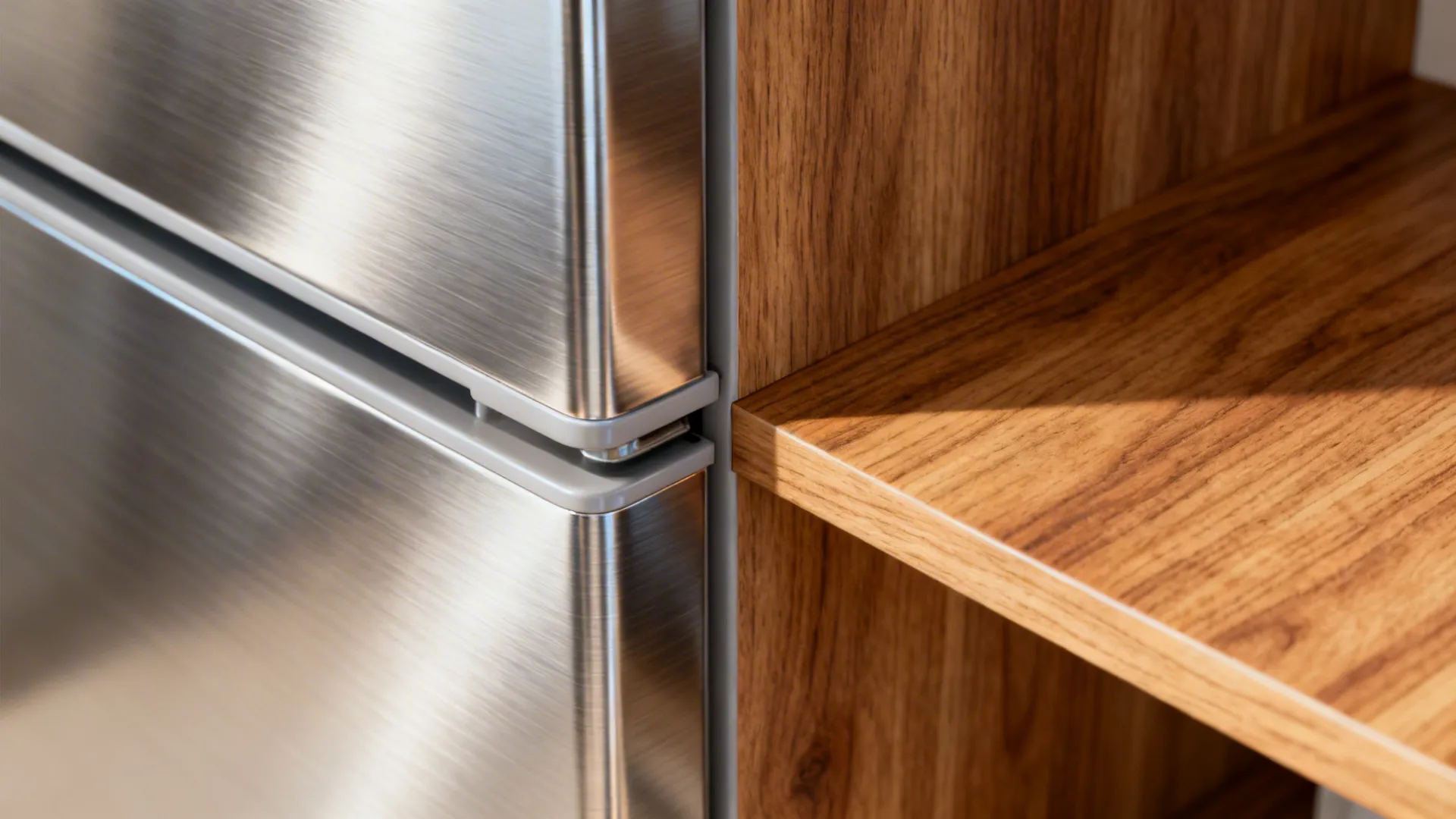 Macro of brushed stainless vinyl meeting oak wood-grain sticker with a bubble-free, smooth edge.