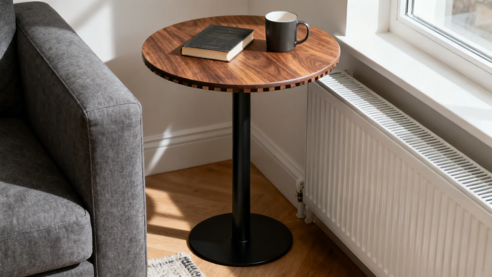 Round wooden side table with black metal base holding a book and mug near a sofa