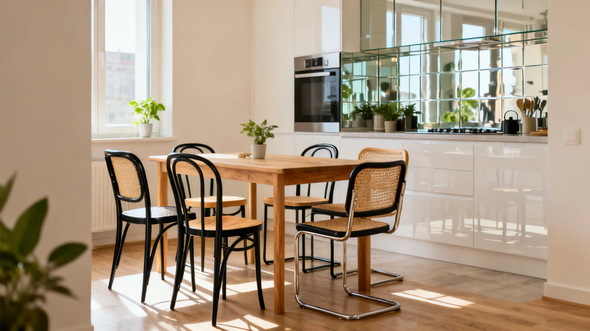 Dining nook with six black metal-frame chairs and light wood or rattan seats near a bright kitchen.