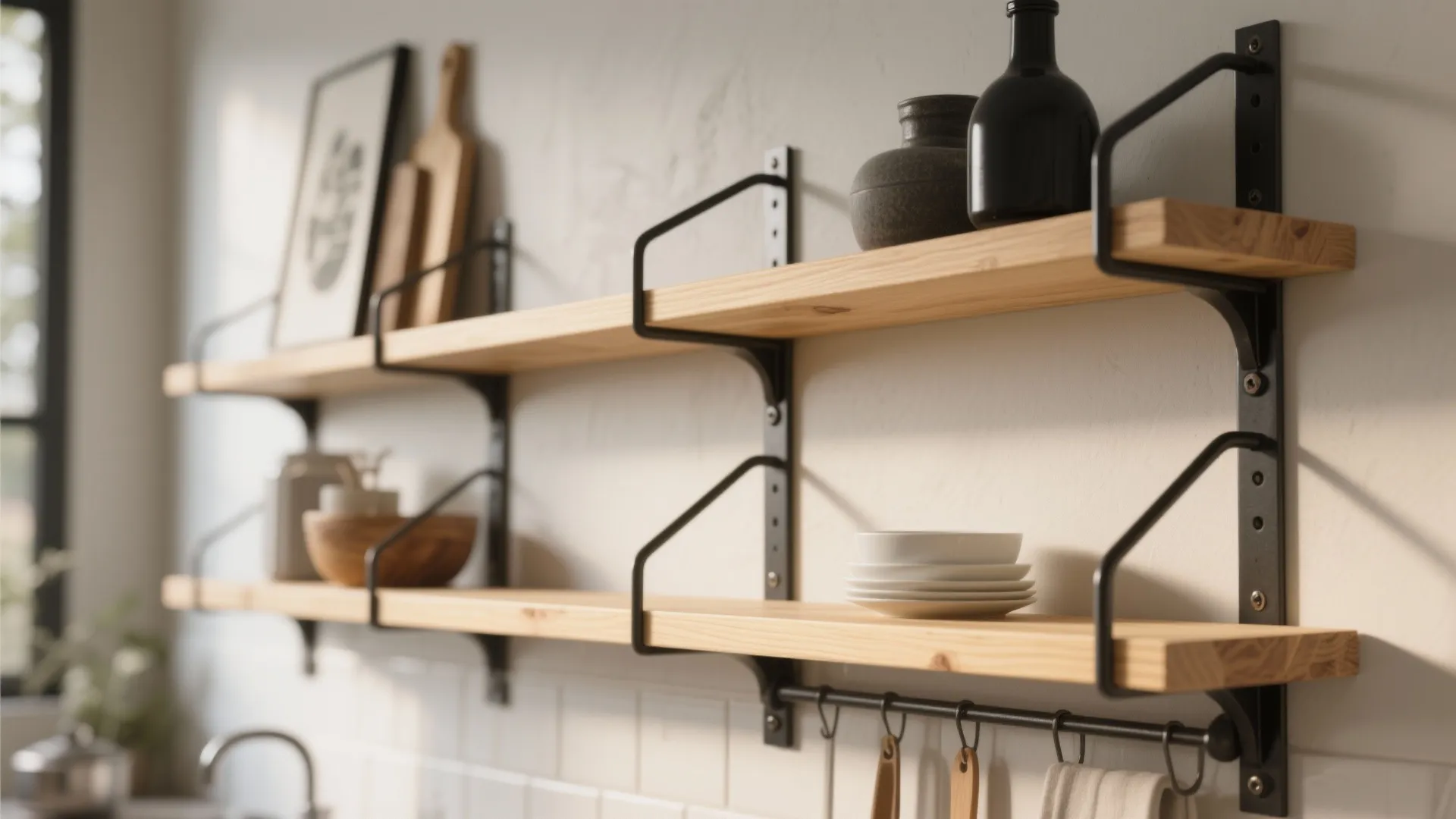 Modern kitchen with wooden wall shelves featuring black metal brackets holding plates and glass bottles