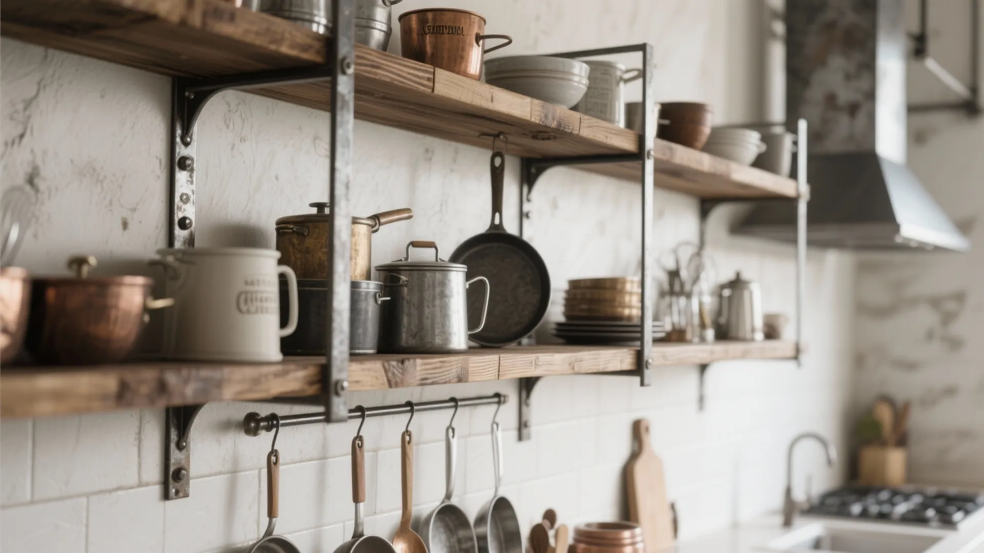 Industrial style wooden shelves holding metal pots bowls and kitchen tools against white brick wall