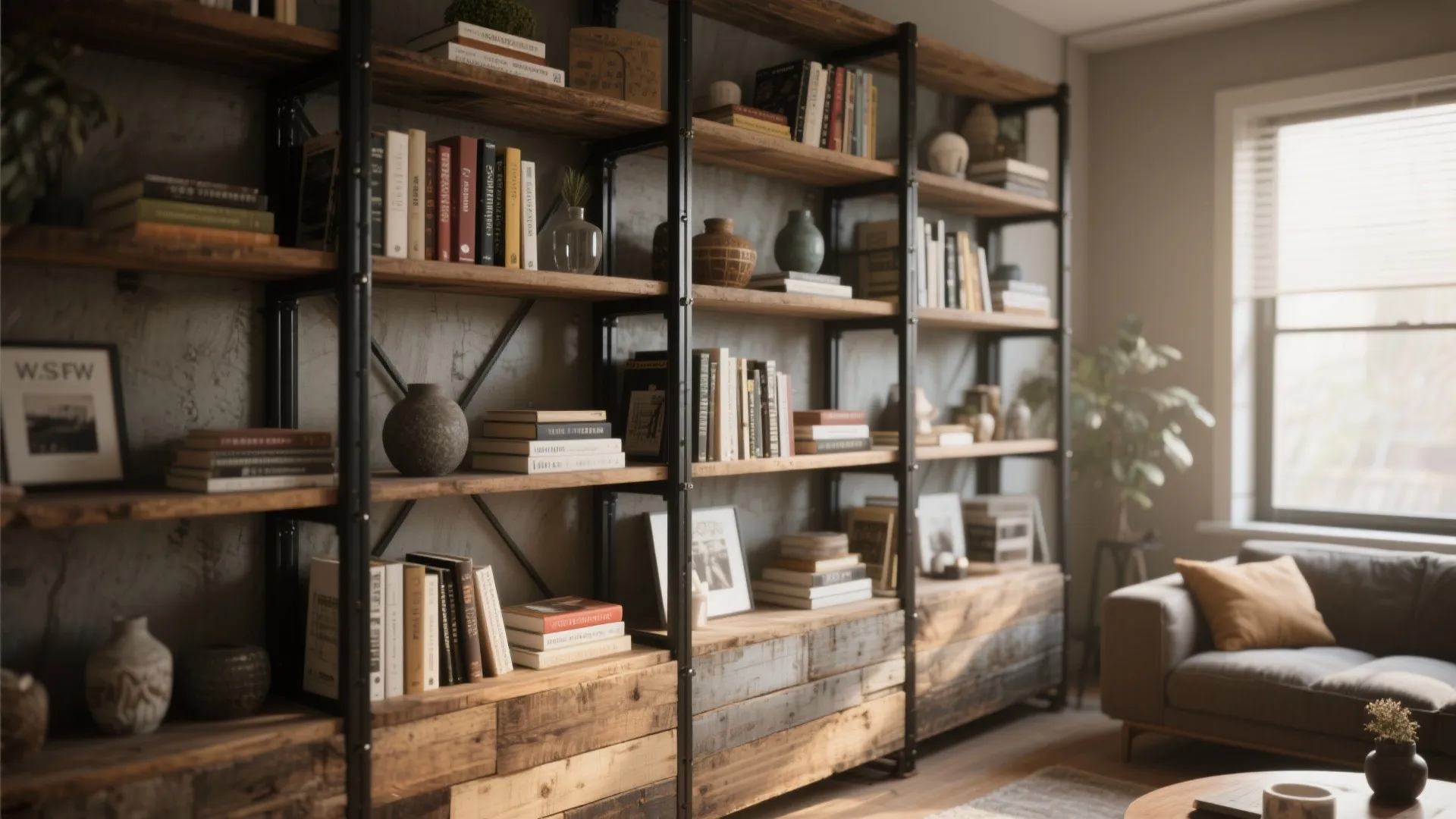 Large industrial style wooden bookshelf with black metal frame holding books and home decor items