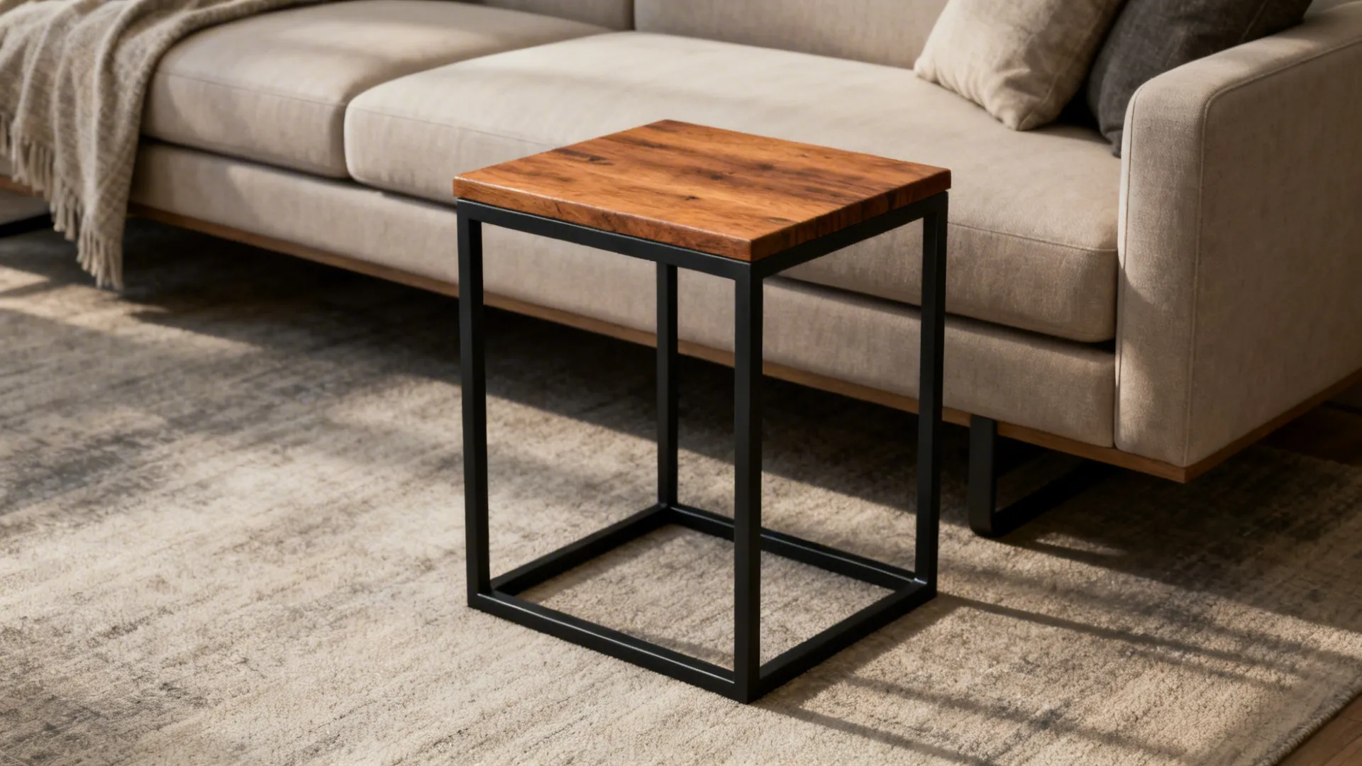 Modern farmhouse end table with matte black metal frame and wooden top beside a sofa.