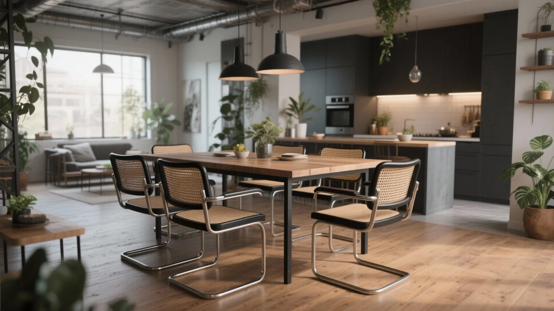 Modern dining room with wooden table and woven chairs featuring metal legs and black lights