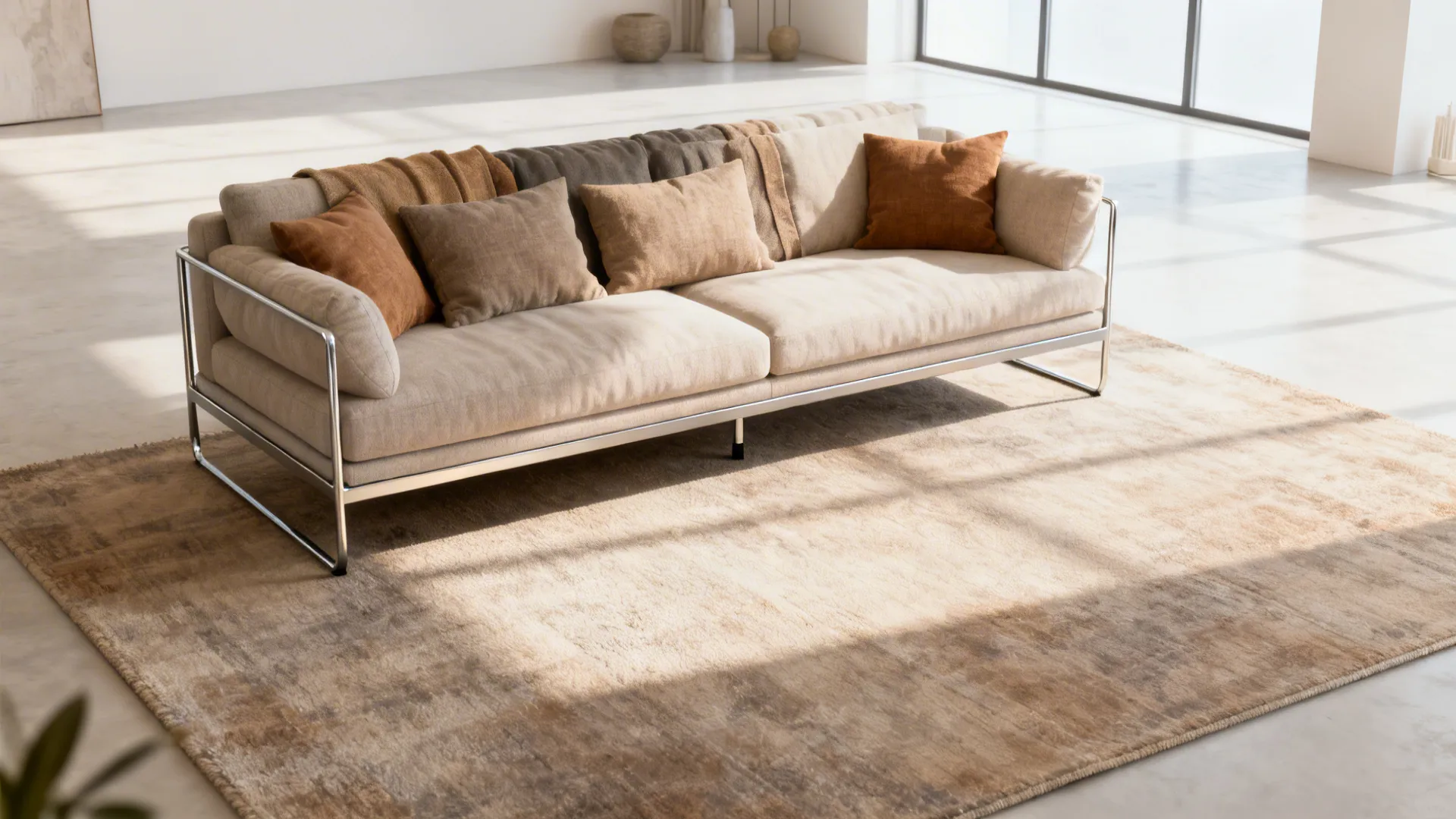 Minimalist metal frame sofa styled with layered cushions and an oversized rug anchoring the space.