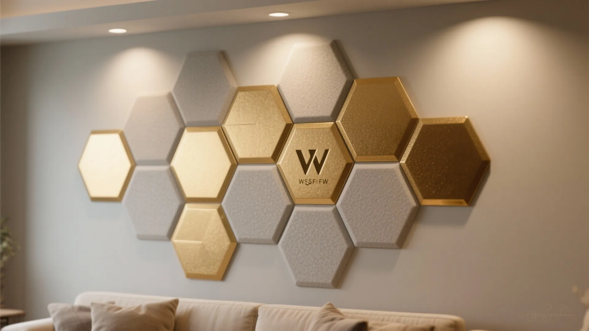 Modern wall decor with gold and grey honeycomb panels featuring a logo and soft lighting