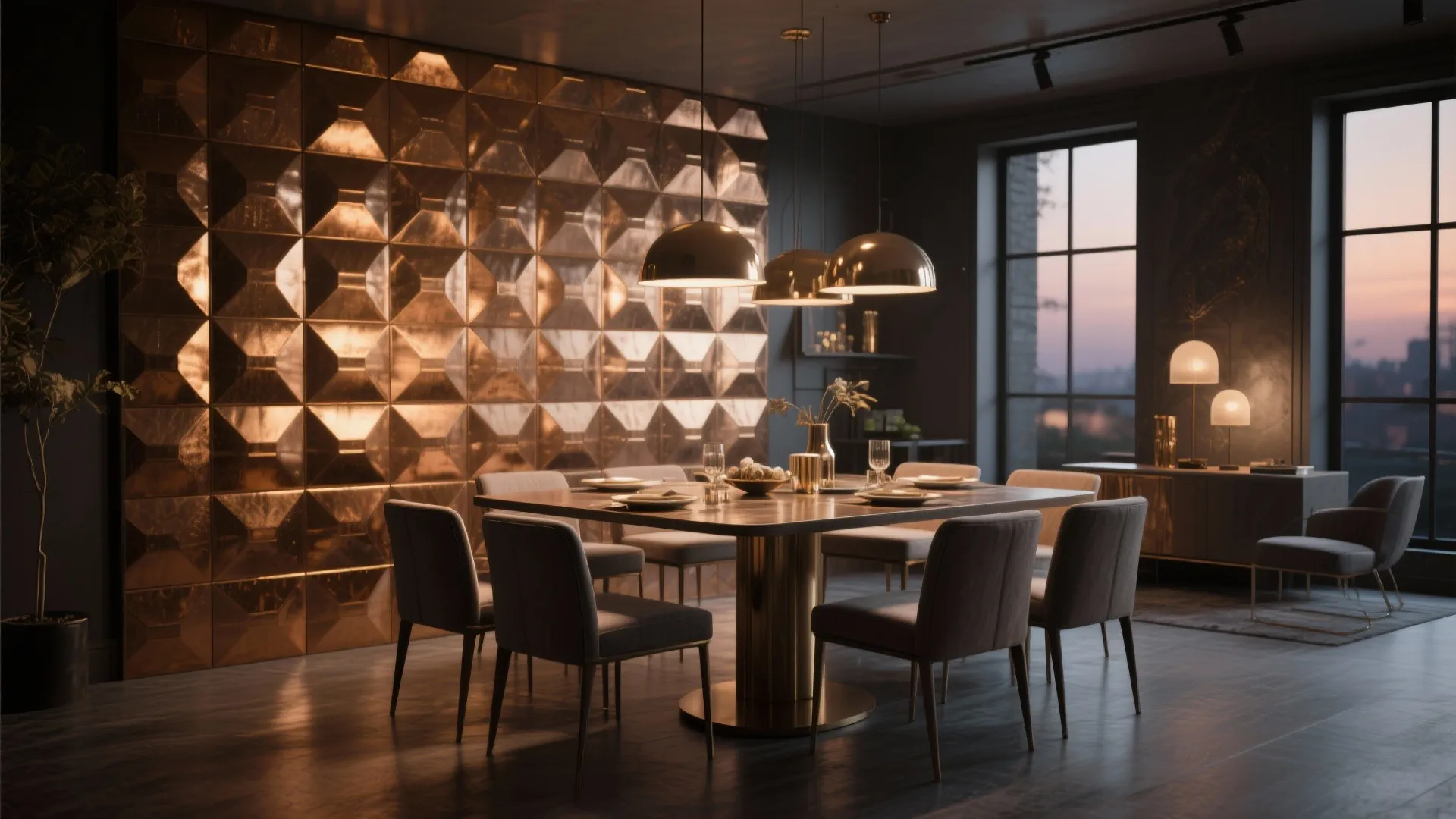 Dining room with bronze-colored metallic 3D wall tiles