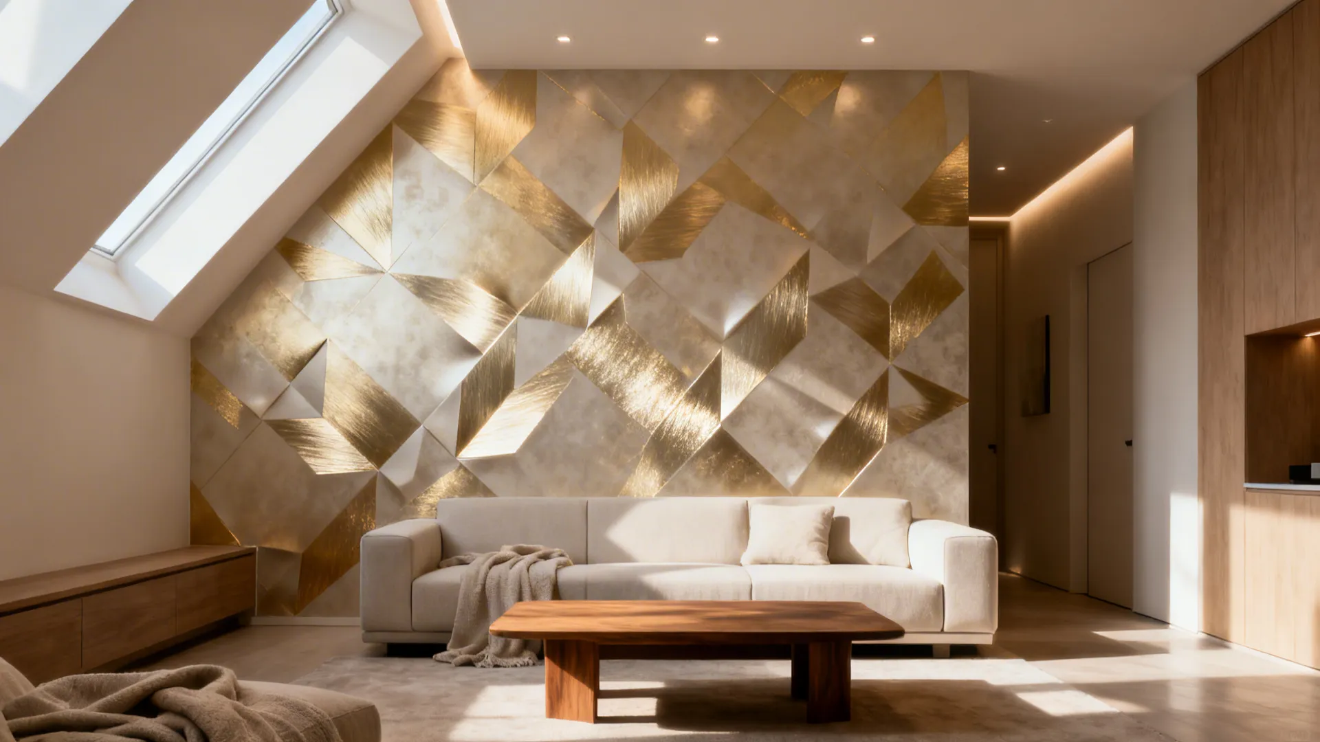 Small loft with brushed metallic 3D wallpaper reflecting soft daylight for added depth.