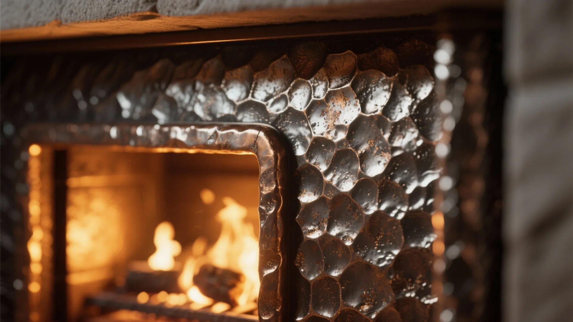 Macro view of a hammered bronze heat-resistant metallic finish inside a fireplace.