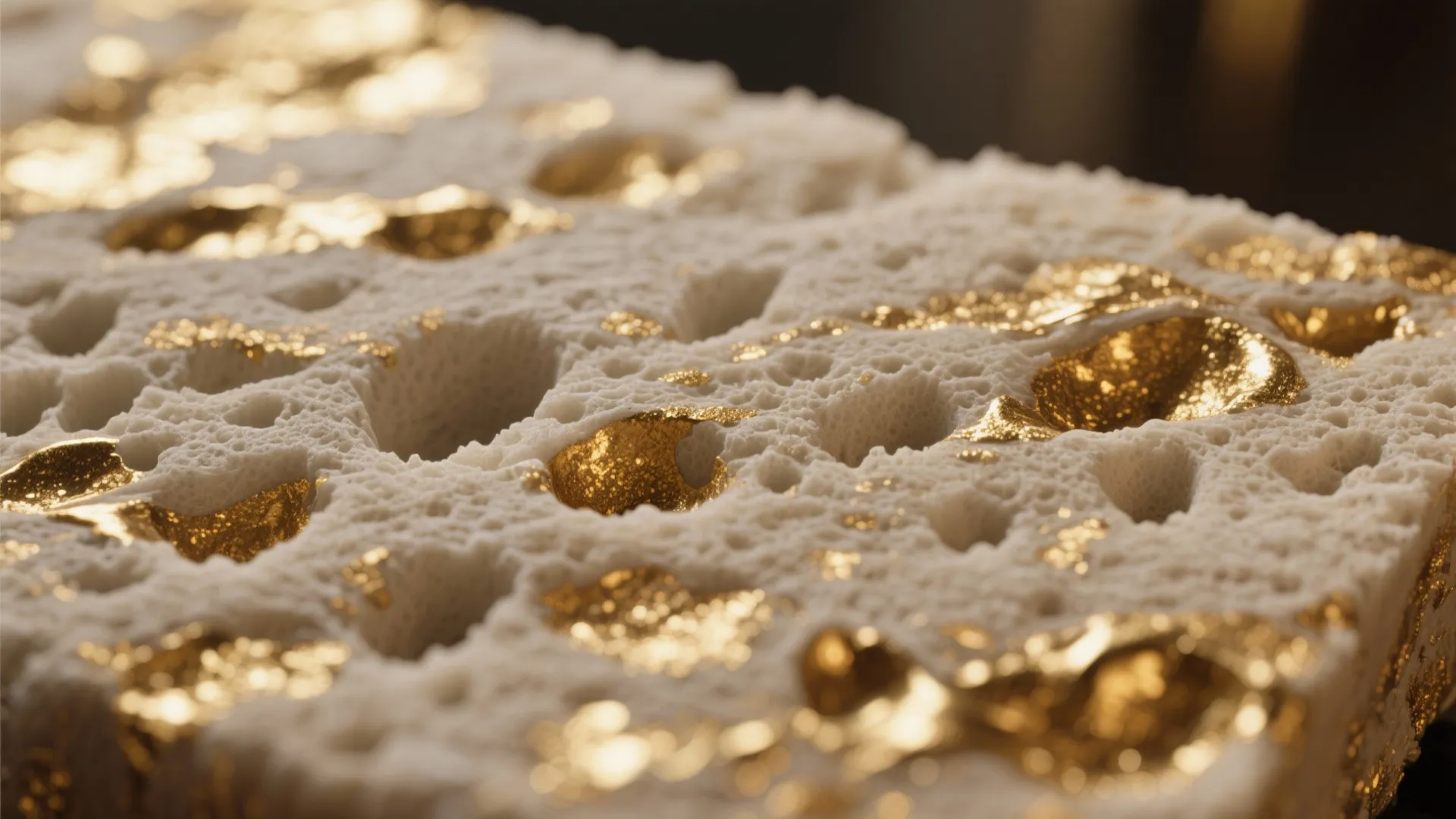 Close up of white textured sponge material decorated with shiny gold metallic accents and holes