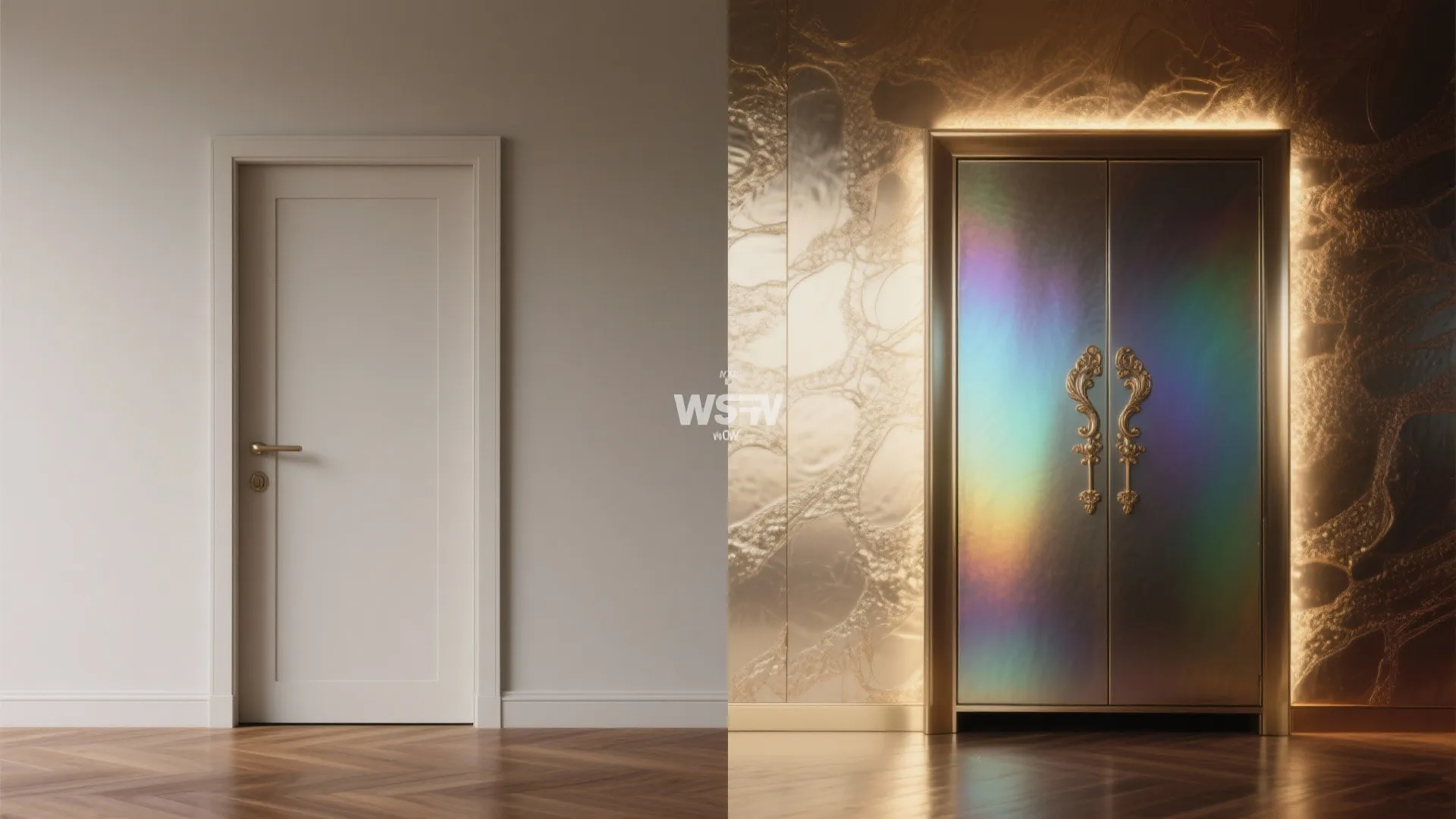 Comparison of a simple white bedroom door and a shiny metallic door with gold handles