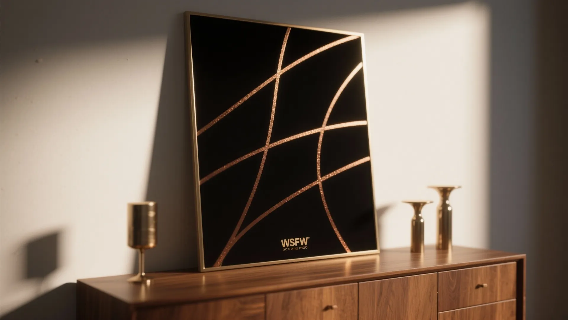 Black painting with thin gold lines paired with warm wood and copper accents.