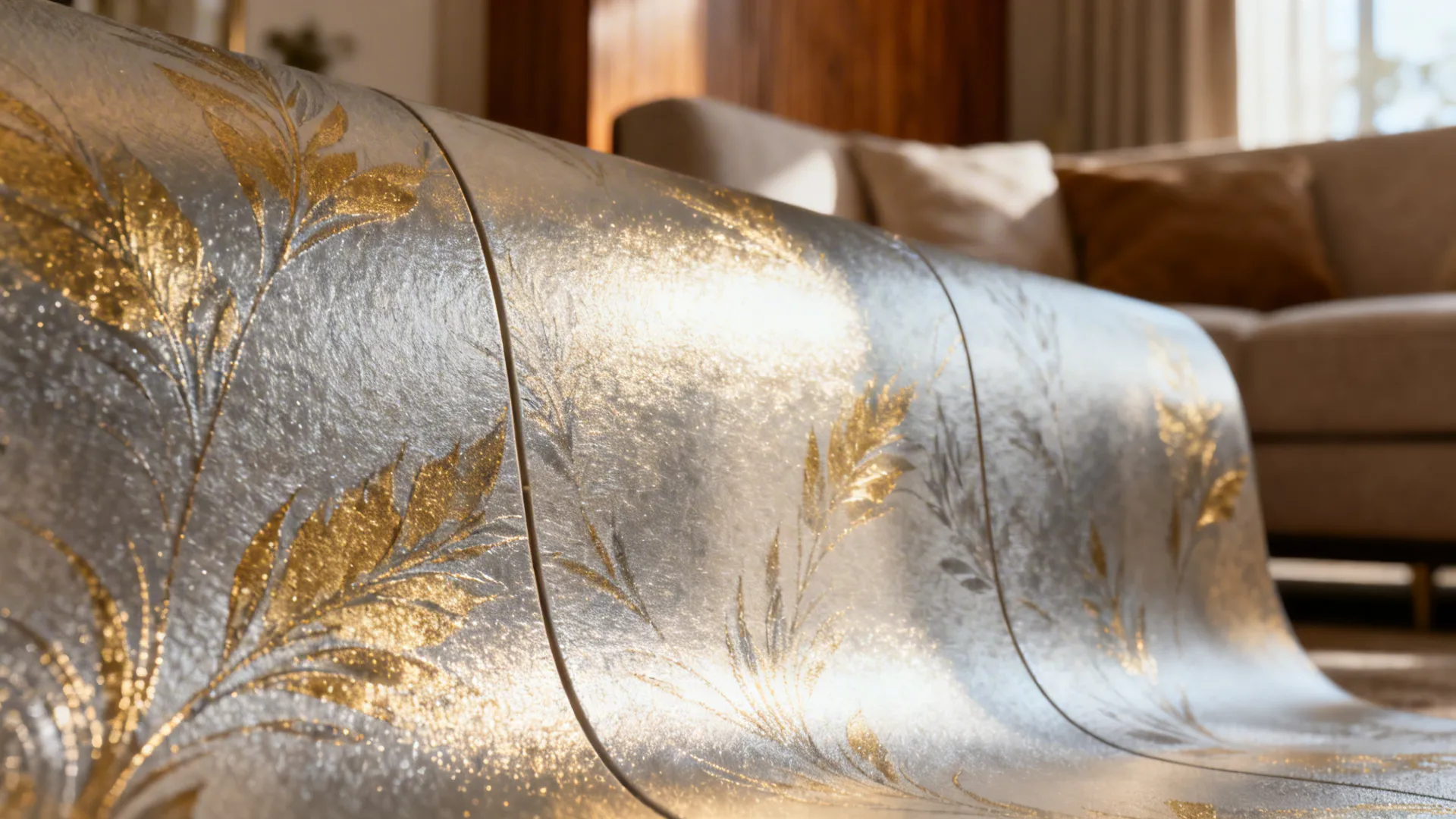 Close-up of metallic-print wallpaper with gold highlights reflecting light and showing seam detail.