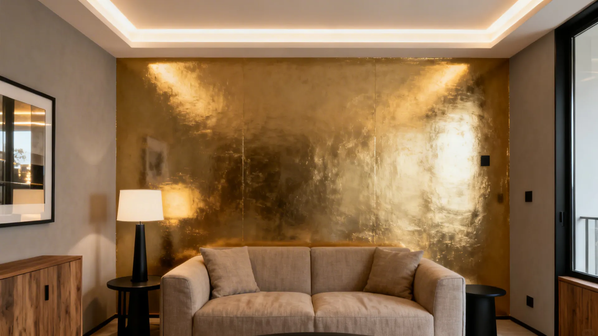 Warm champagne metallic accent wall behind a sofa reflecting soft cove lighting.