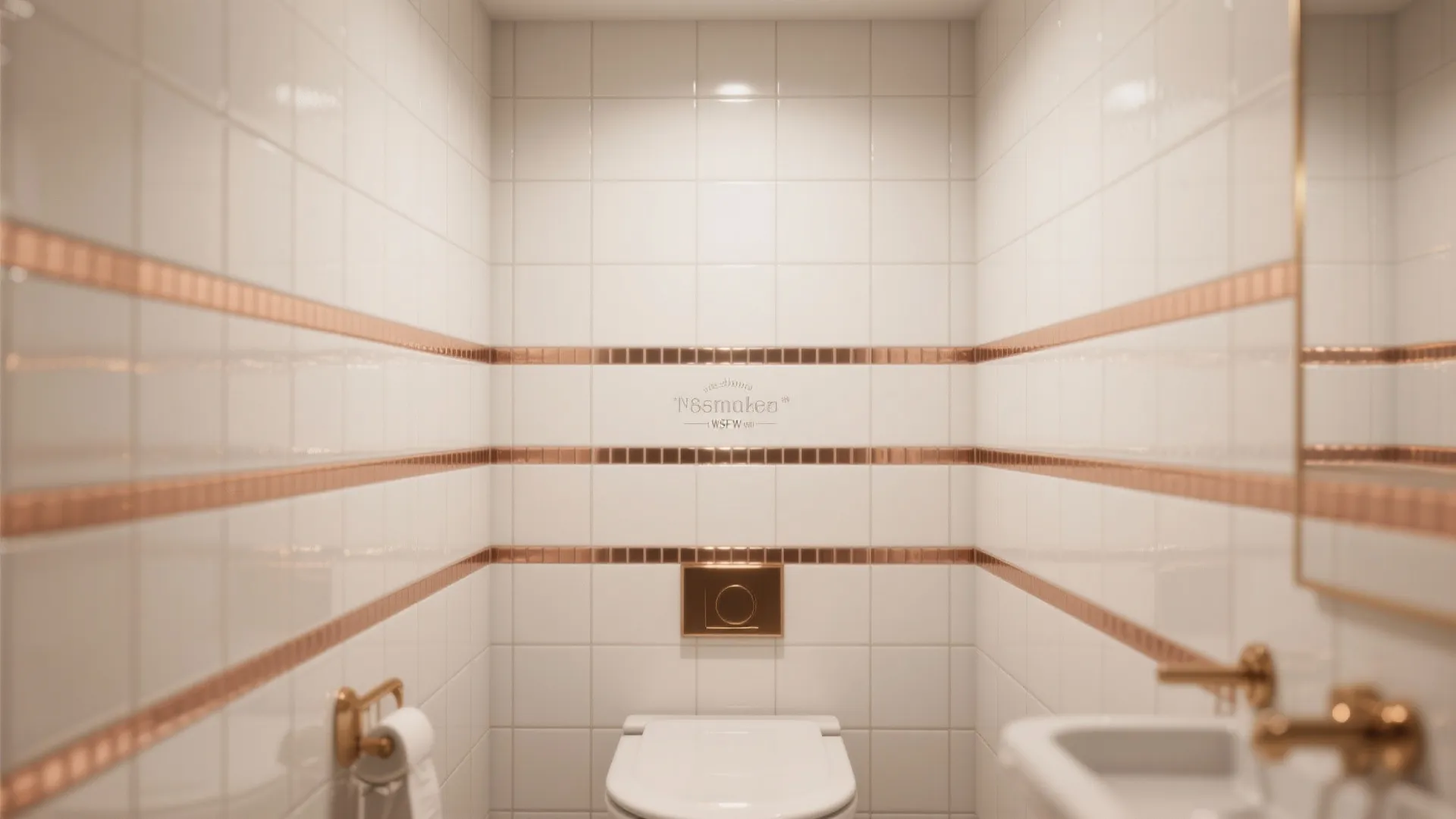 Small white bathroom with copper metal accents, white toilet, sink, and matching gold wall details