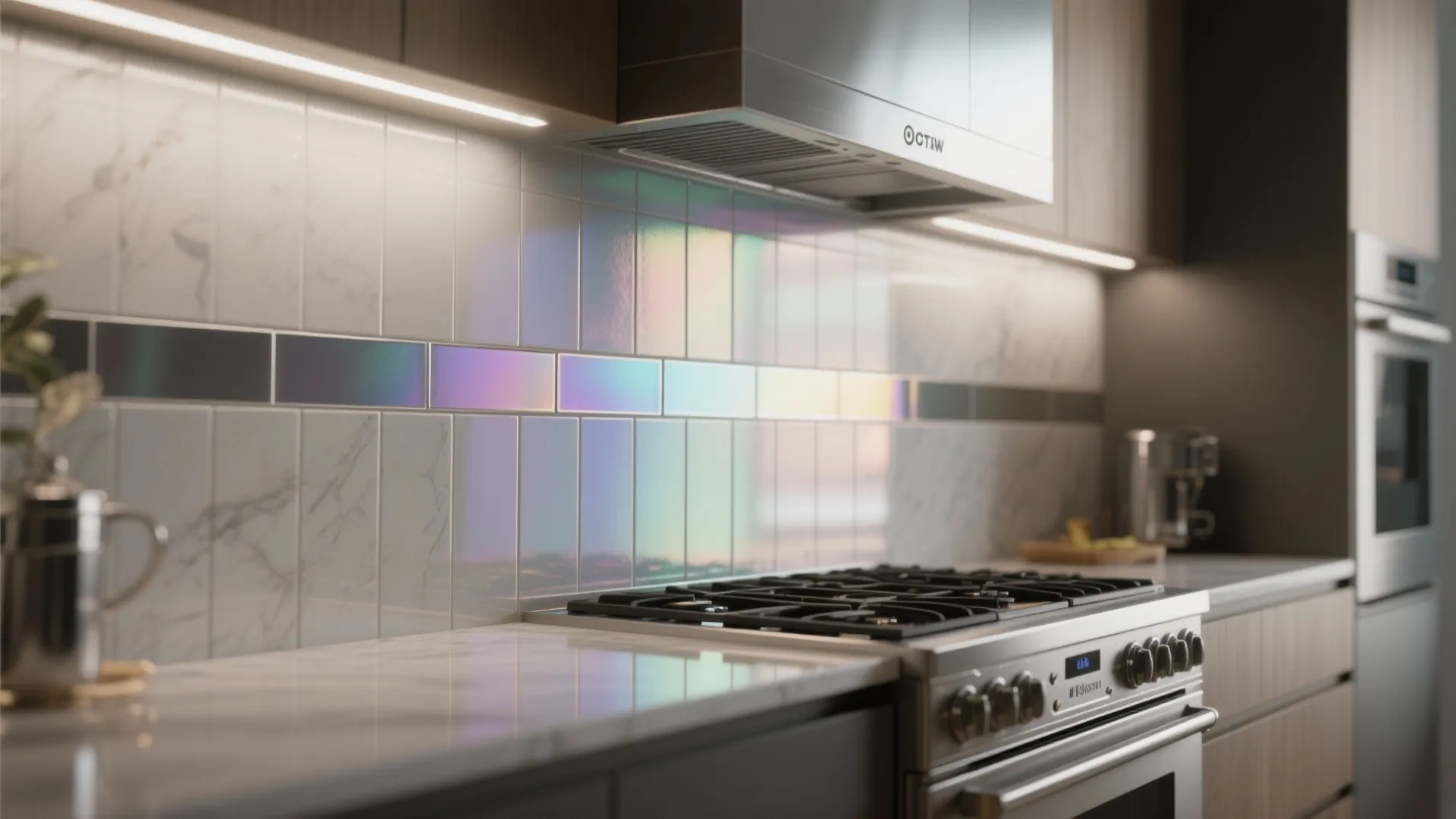 Stainless steel kitchen stove and vent hood with marble look wall tiles and colorful reflections