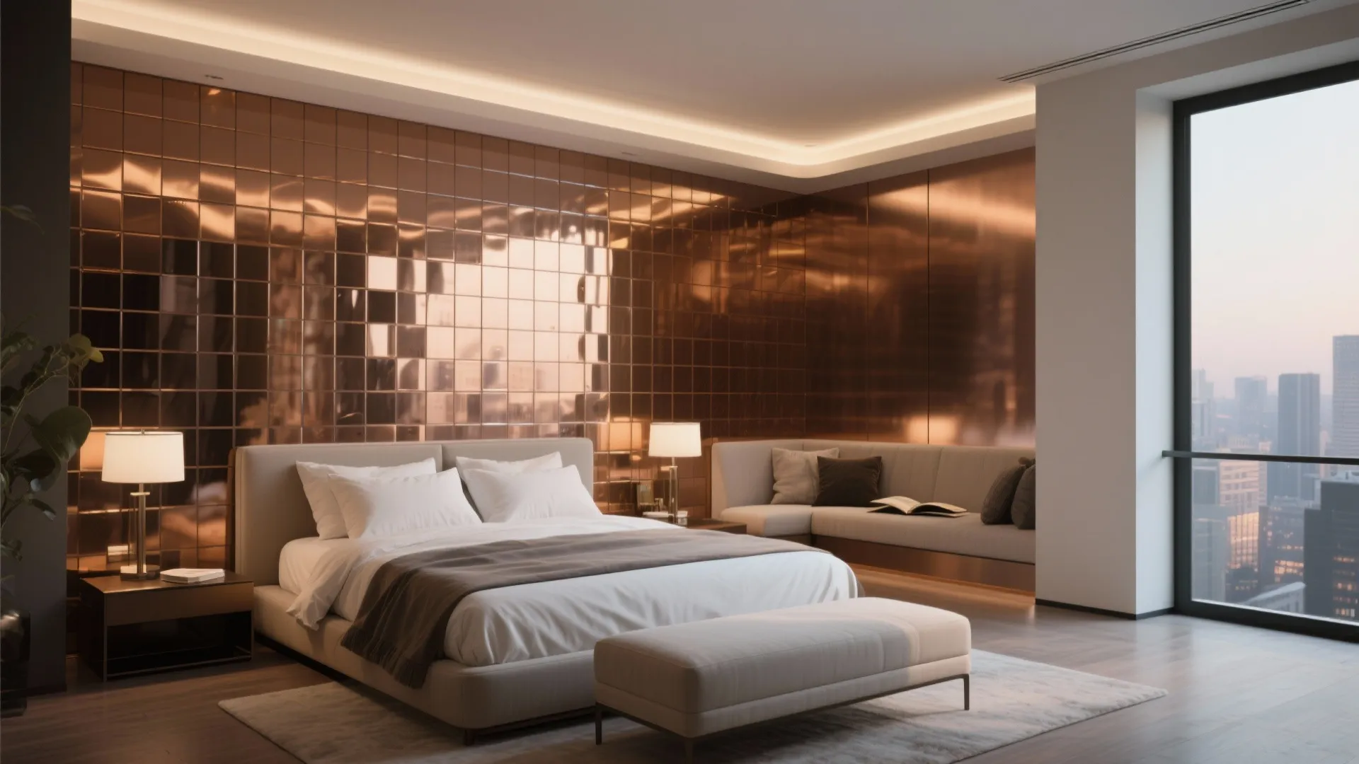 Luxurious bedroom featuring shiny copper wall tiles a large bed with footrest and city windows