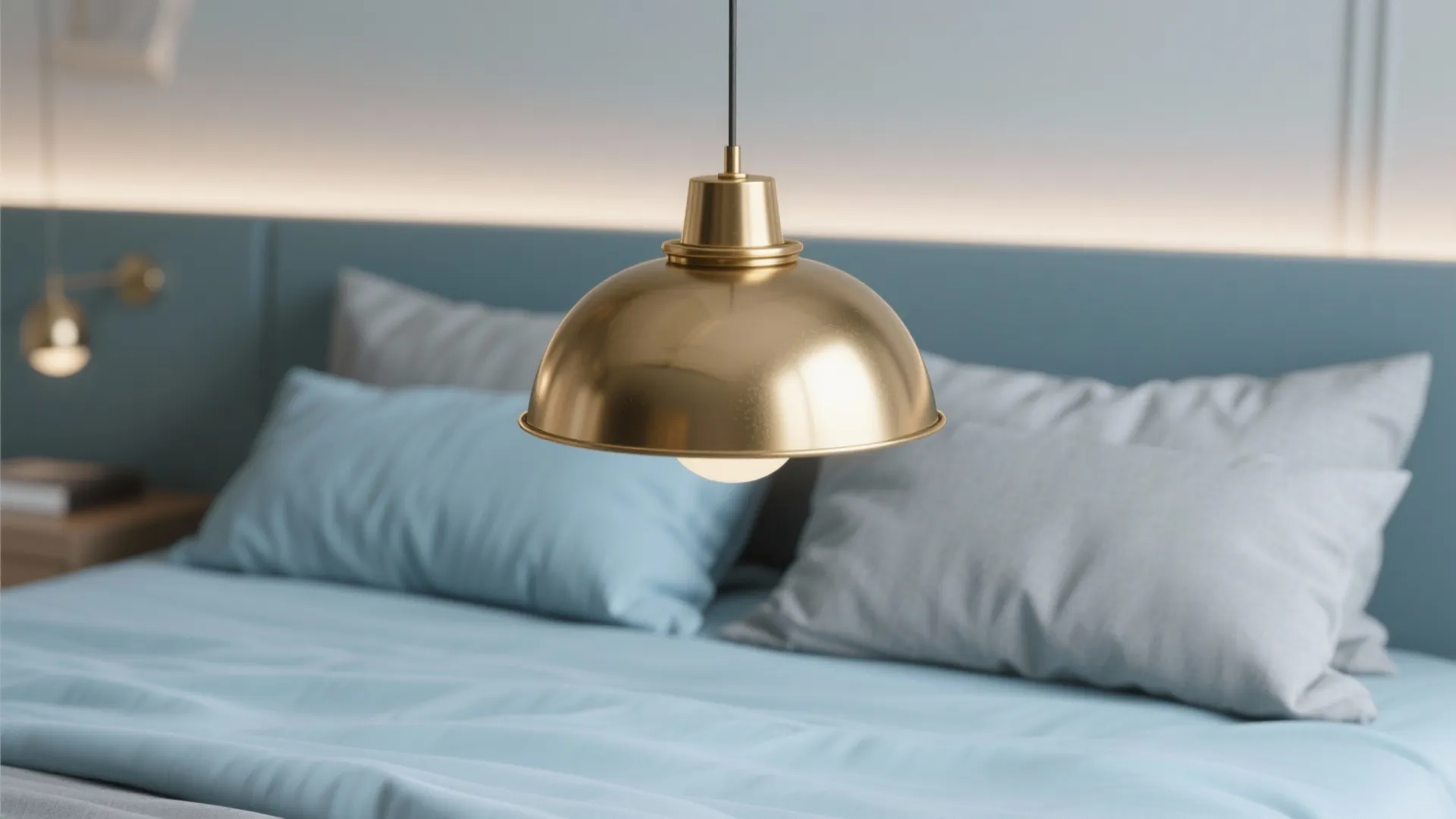 Gold metal ceiling light hanging over blue bed with soft pillows and one wall light