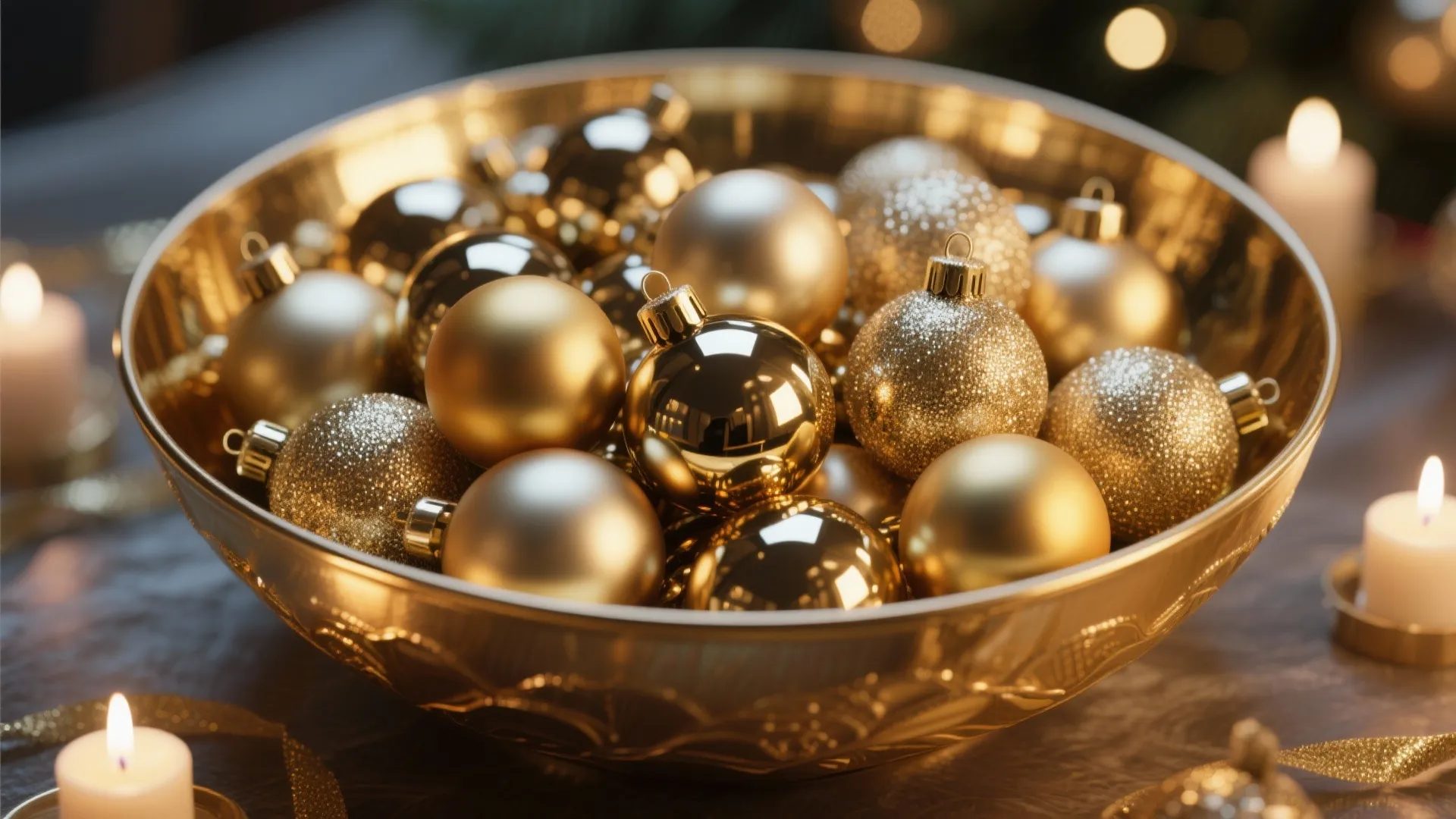 Gold bowl filled with gold and silver holiday ornaments placed on table with warm candles