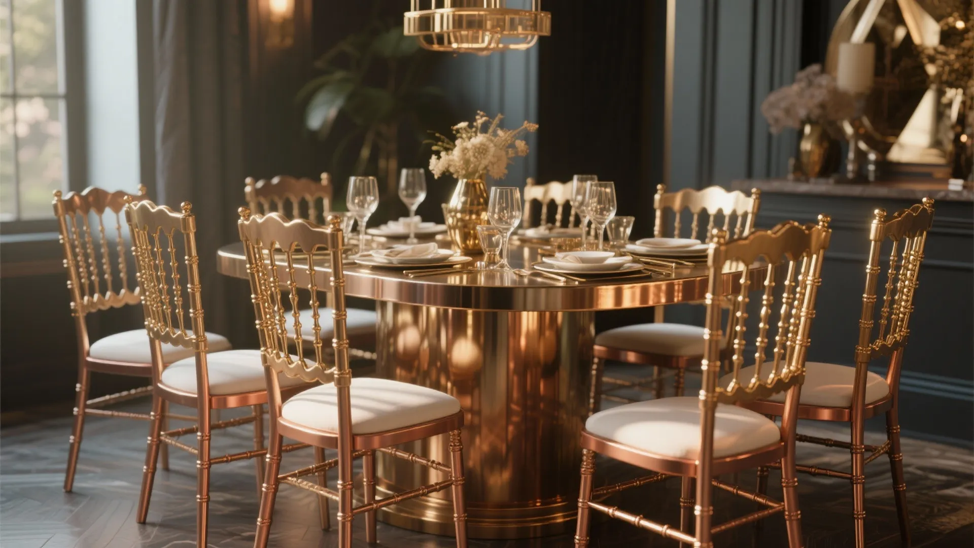 Dining chairs with metallic gold and copper details